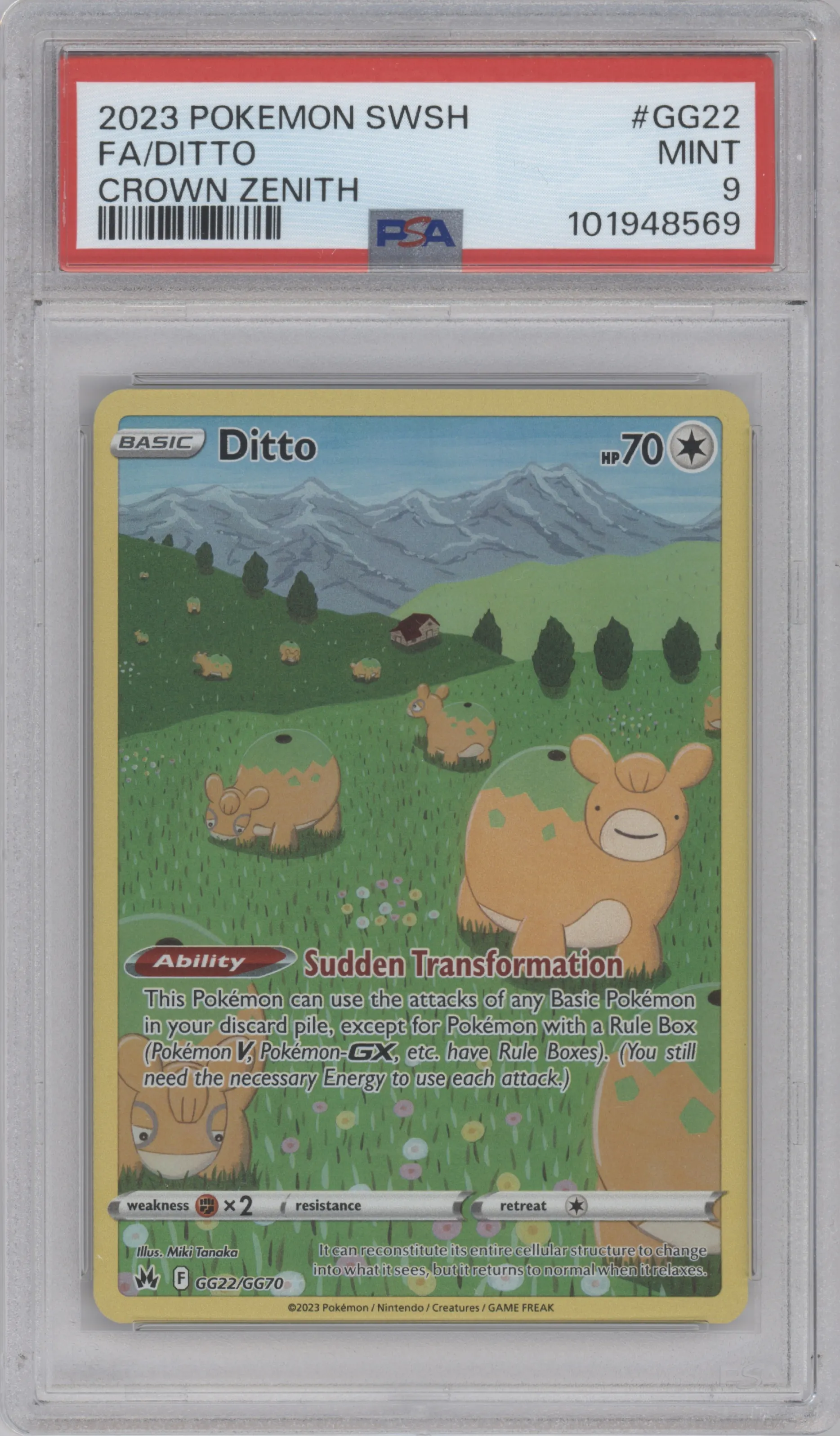 Ditto from the 2023 Pokemon SWSH set graded by PSA and given an overall grade of 9.