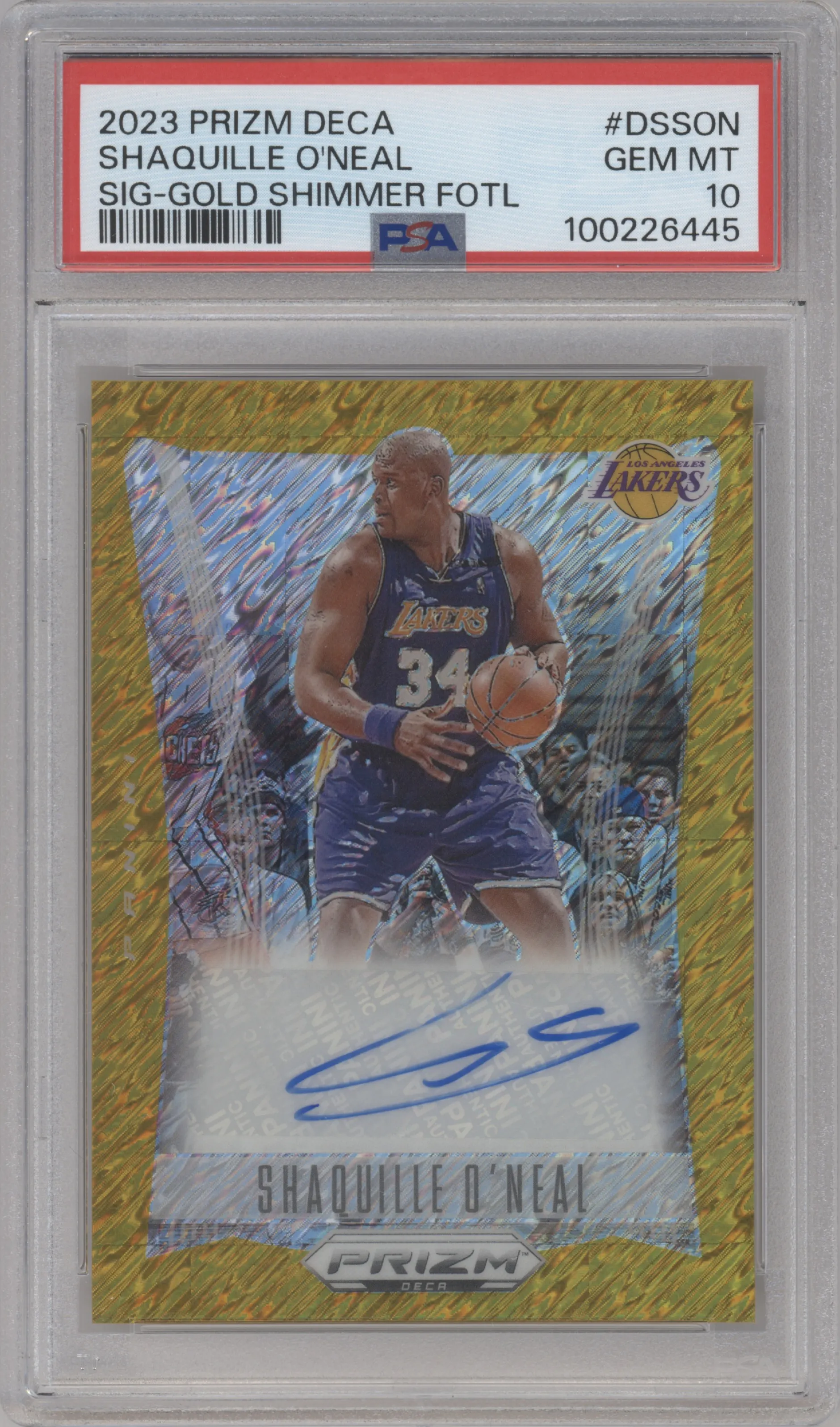 Shaquille O’Neal from the 2023-24 Panini Prizm Deca set featuring a Gold Shimmer parallel graded by PSA and given an overall grade of 10.