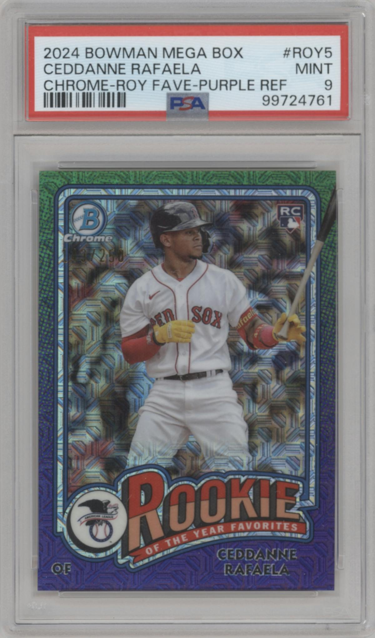 Ceddanne Rafaela from the 2024 Bowman Mega Box set featuring a Purple Refractor parallel graded by PSA and given an overall grade of 9.