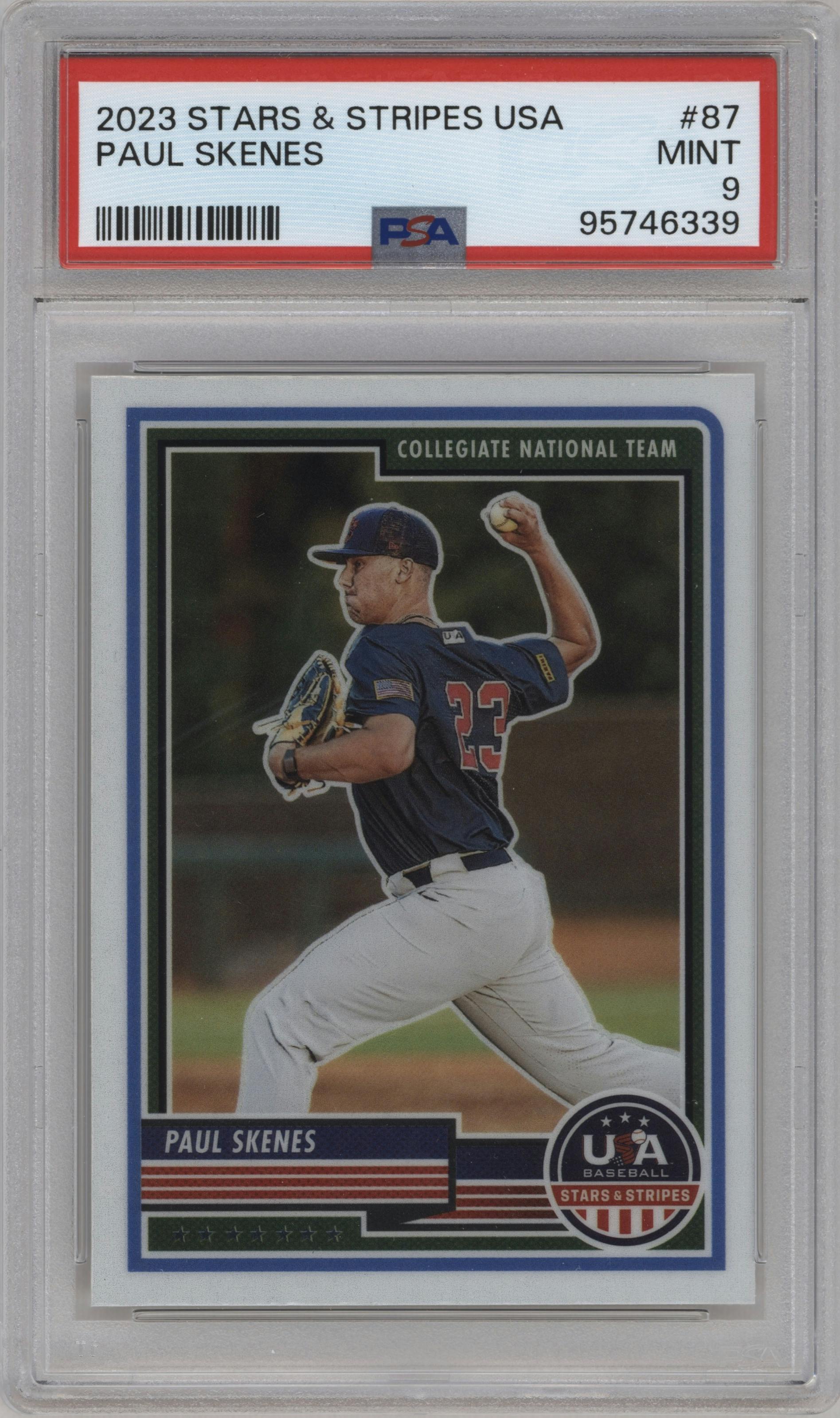 Paul Skenes  from the 2023 Panini Stars & Stripes USA set graded by PSA and given an overall grade of 9.