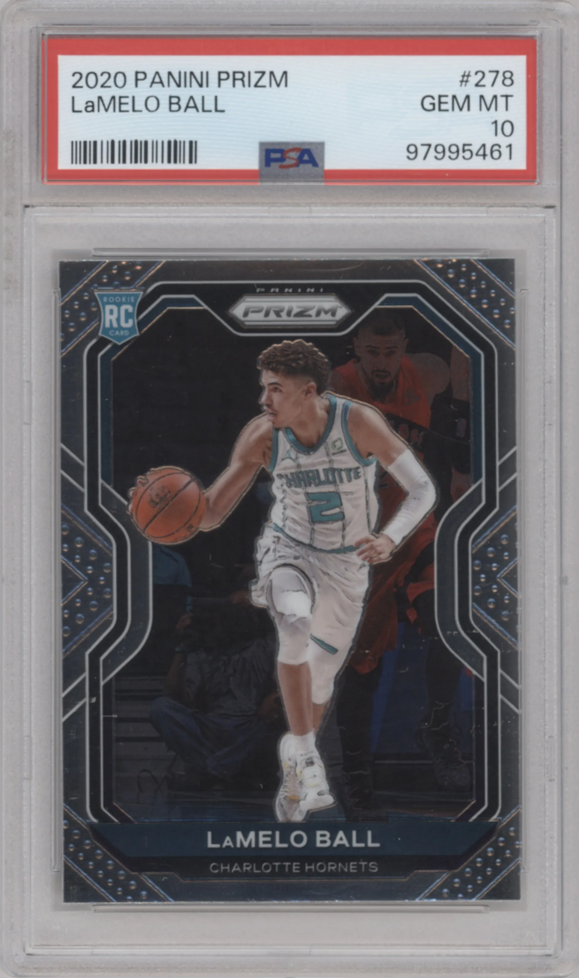 LaMelo Ball from the 2020-21 Panini Prizm set graded by PSA and given an overall grade of 10.