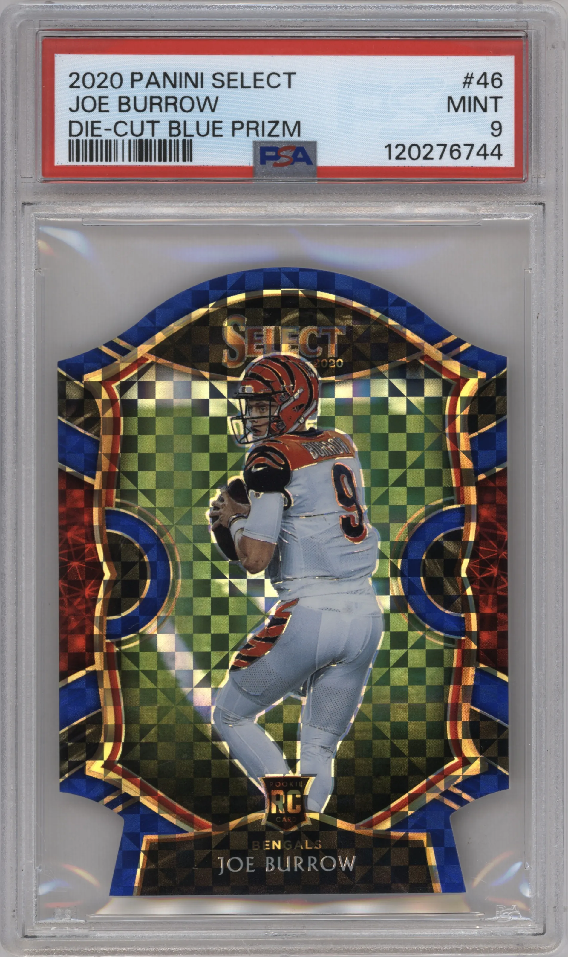 Joe Burrow from the 2020 Panini Select set featuring a Die-Cut Blue  parallel graded by PSA and given an overall grade of 9.
