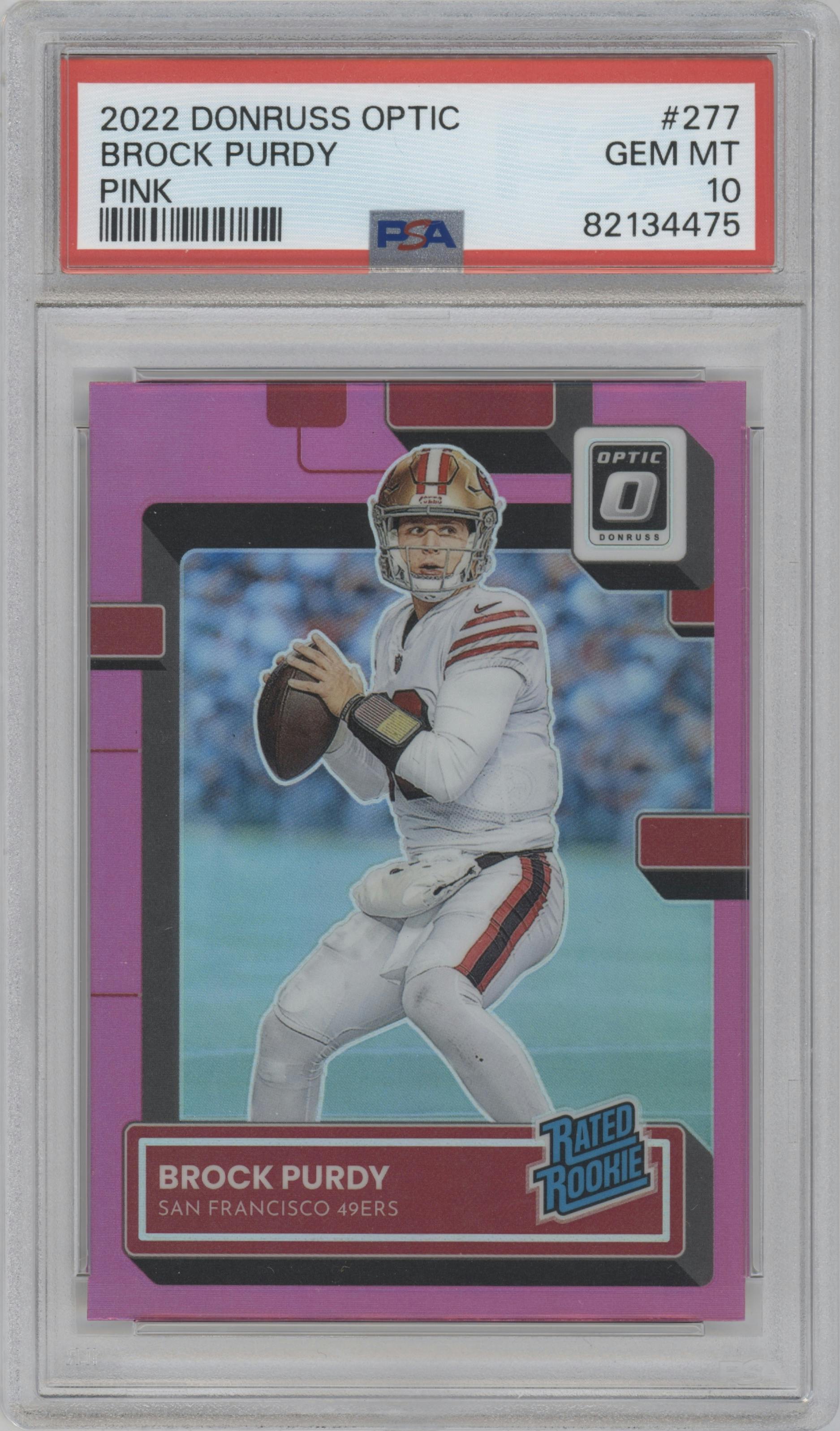 Brock Purdy from the 2022 Panini Donruss Optic set featuring a Pink parallel graded by PSA and given an overall grade of 10.