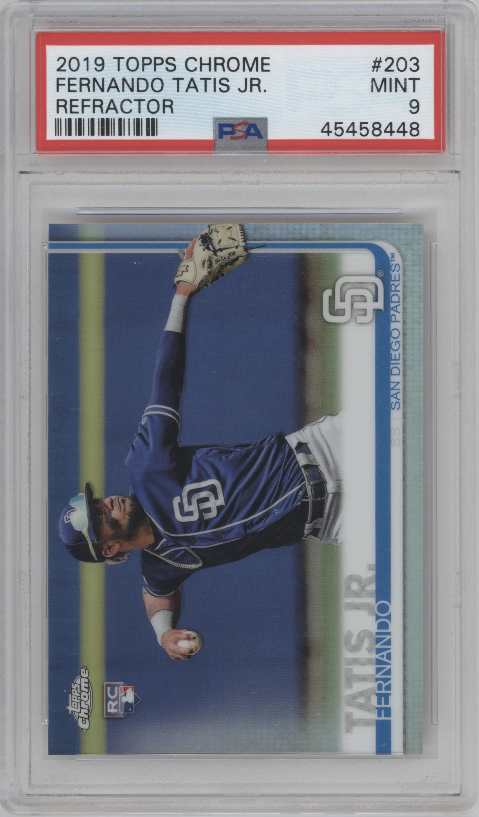 Fernando Tatis Jr. from the 2019 Topps Chrome set featuring a Refractor parallel graded by PSA and given an overall grade of 9.