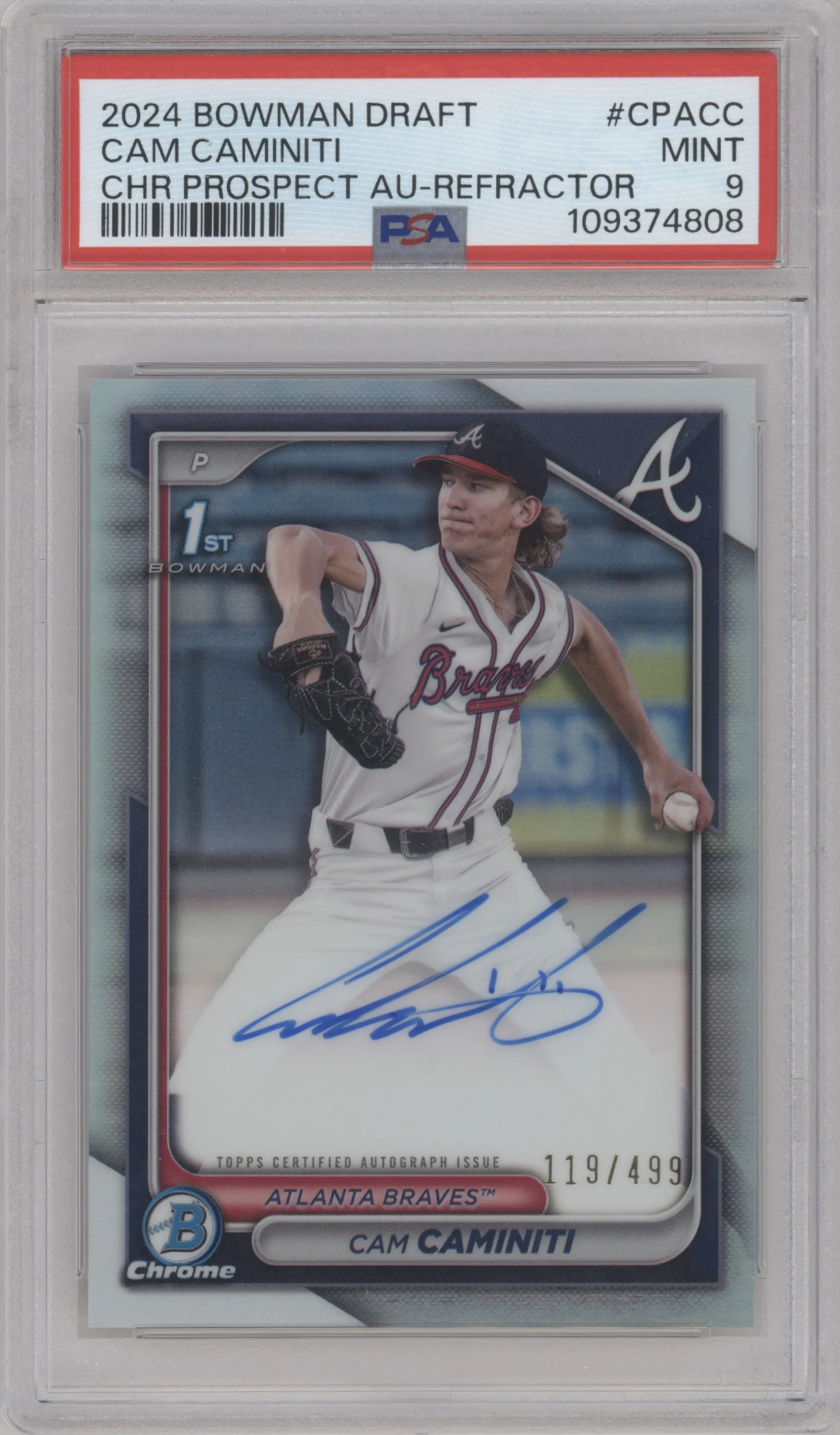 Cam Caminiti  from the 2024 Bowman Draft set featuring a Refractor parallel graded by PSA and given an overall grade of 9.