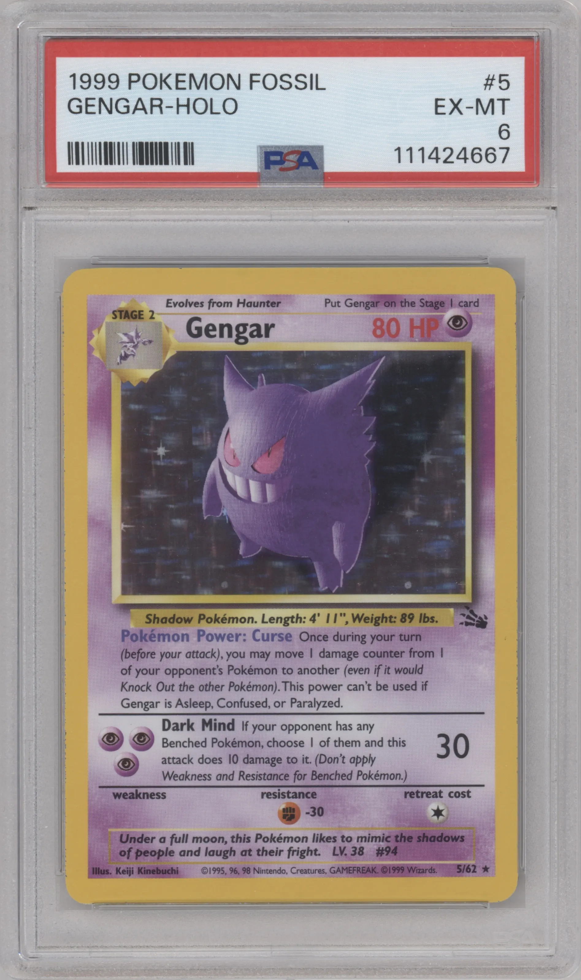 Gengar from the 1999 Pokemon set graded by PSA and given an overall grade of 6.