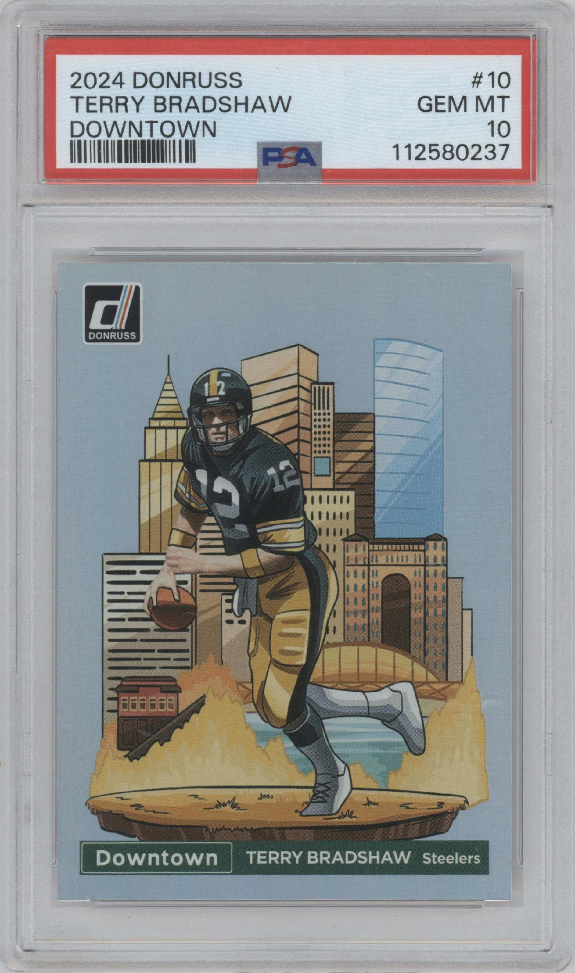 Terry Bradshaw from the 2024 Donruss set graded by PSA and given an overall grade of 10.