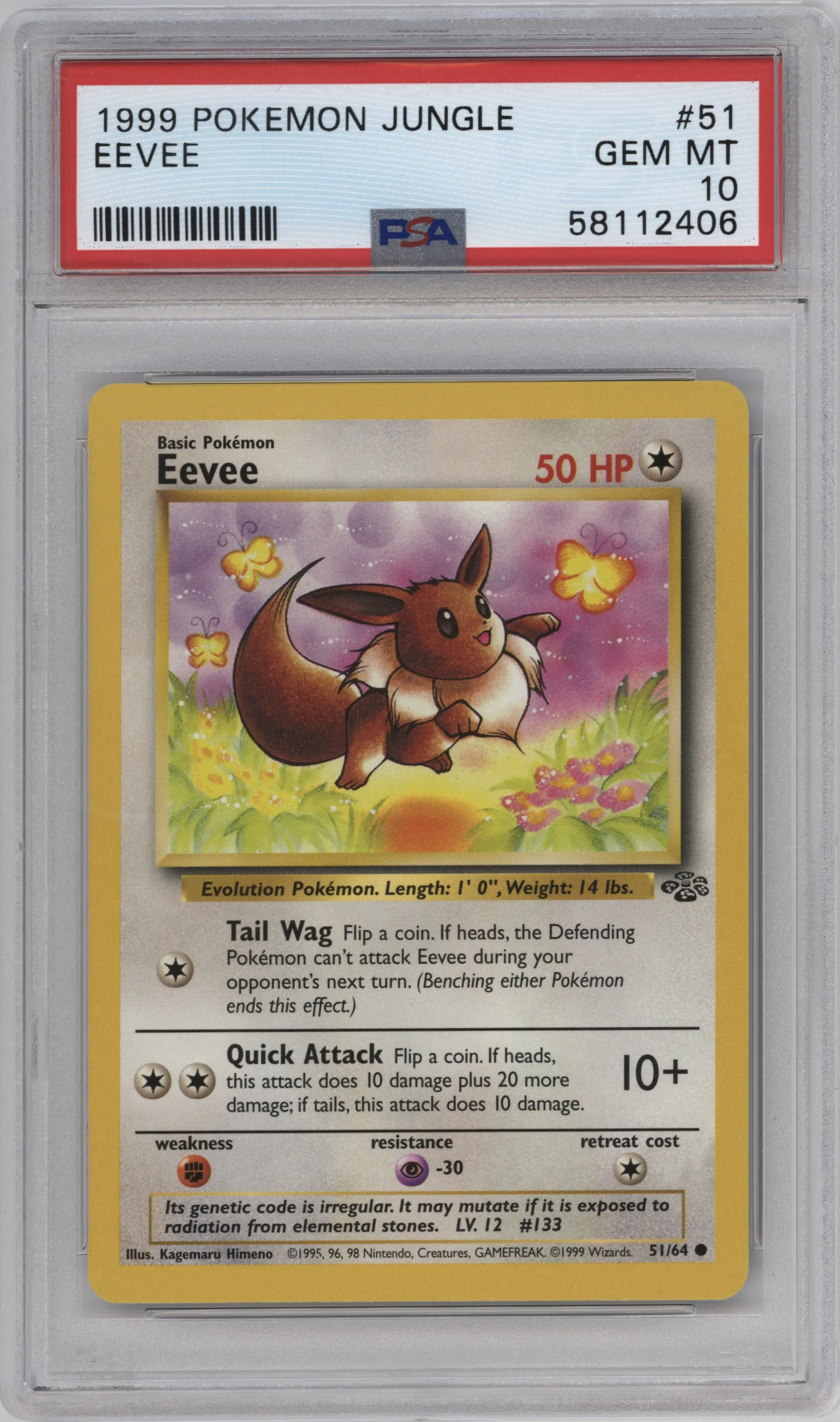 Eevee from the 1999 Pokemon set graded by PSA and given an overall grade of 10.