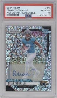 Brian Thomas Jr. from the 2024 Panini Prizm set featuring a No Huddle parallel graded by PSA and given an overall grade of 10.