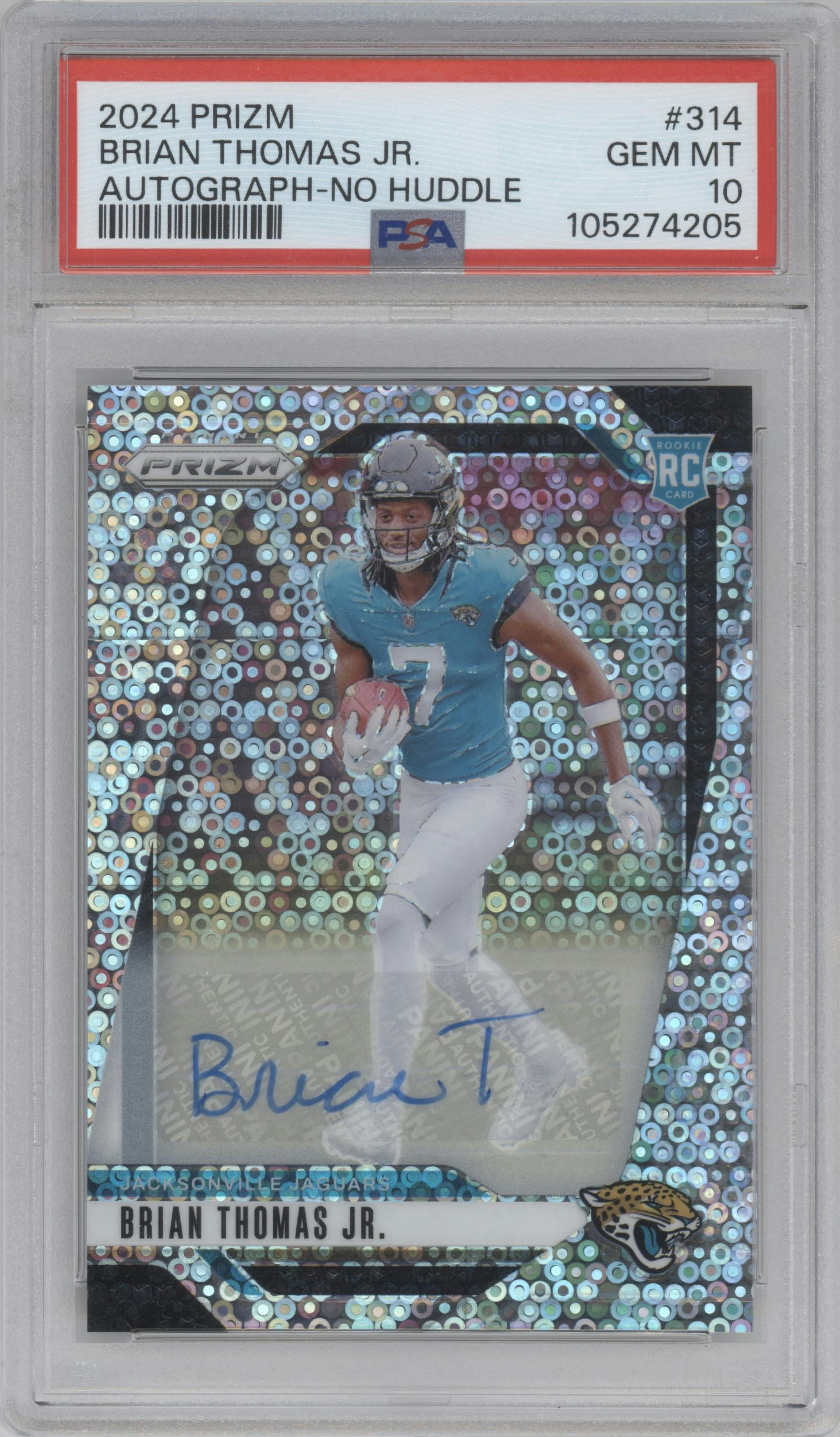 Brian Thomas Jr. from the 2024 Panini Prizm set featuring a No Huddle parallel graded by PSA and given an overall grade of 10.