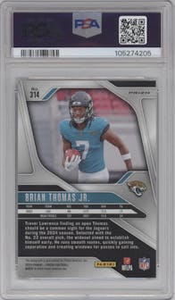 Brian Thomas Jr. from the 2024 Panini Prizm set featuring a No Huddle parallel graded by PSA and given an overall grade of 10.