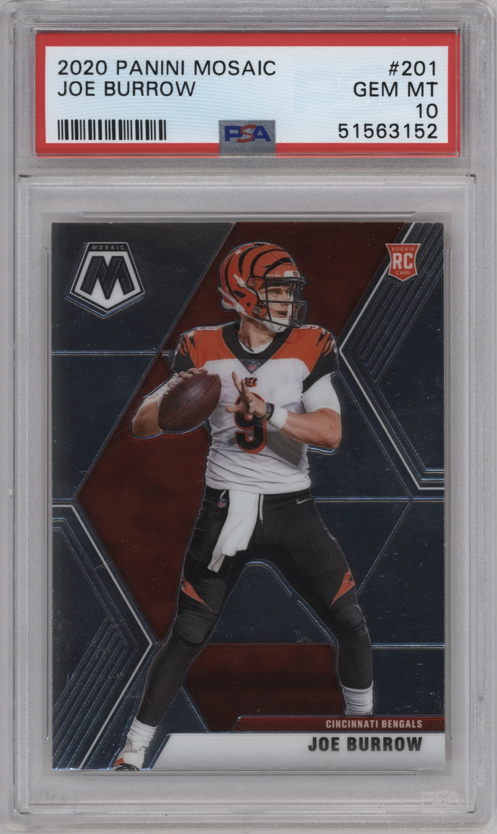 Joe Burrow from the 2020 Panini Mosaic set graded by PSA and given an overall grade of 10.