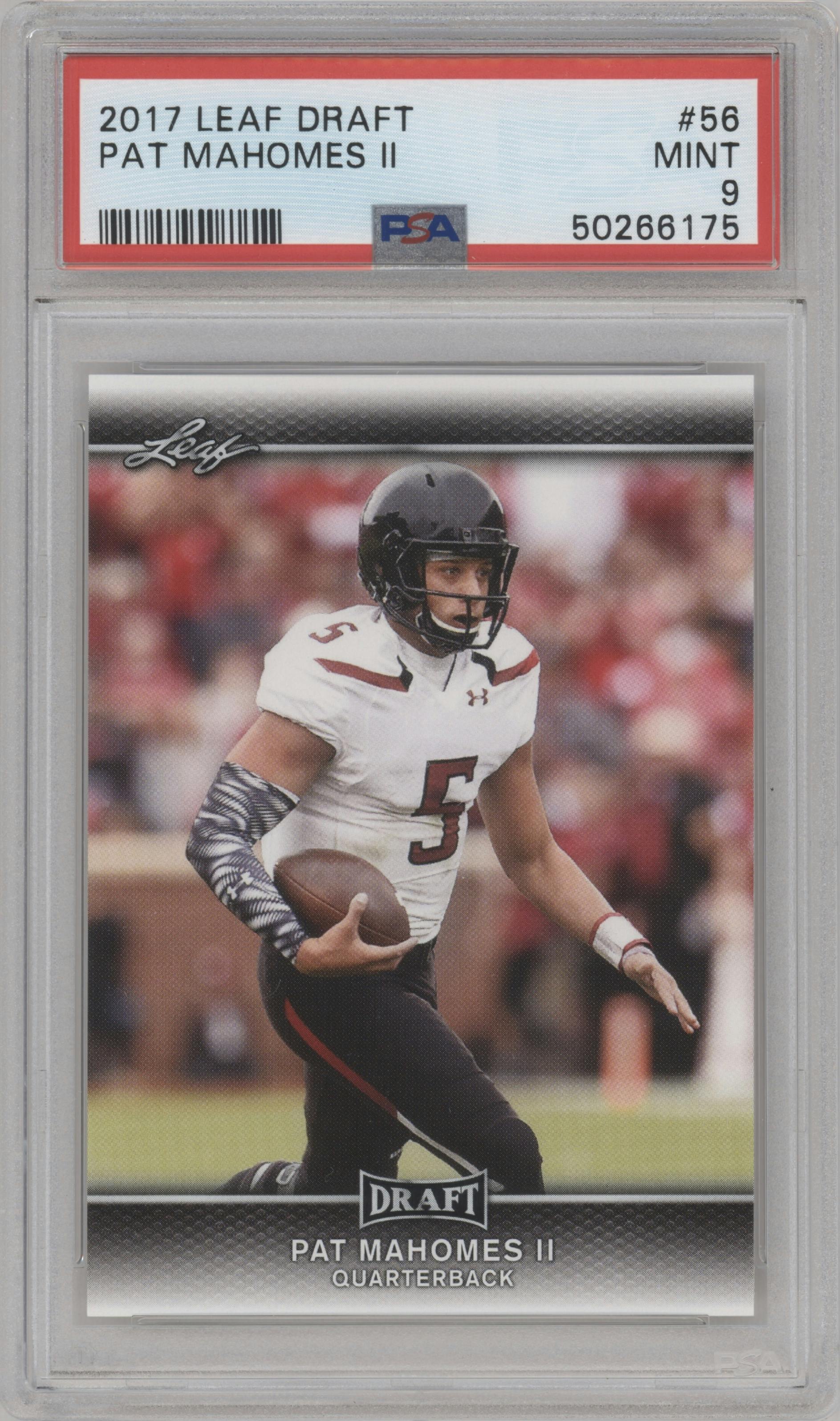Pat Mahomes II from the 2017 Leaf Draft set graded by PSA and given an overall grade of 9.
