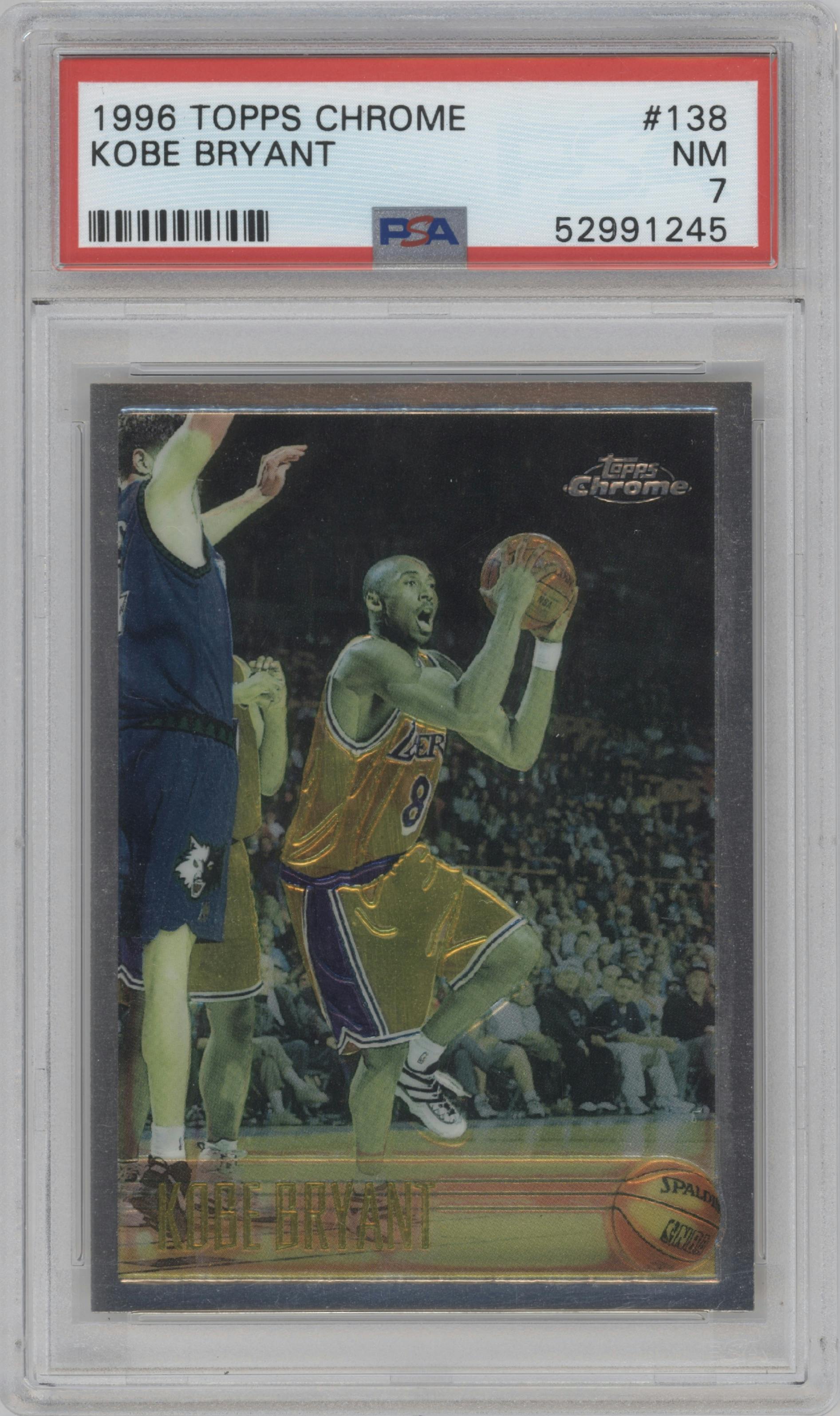 Kobe Bryant from the 1996-97 Topps Chrome set graded by PSA and given an overall grade of 7.