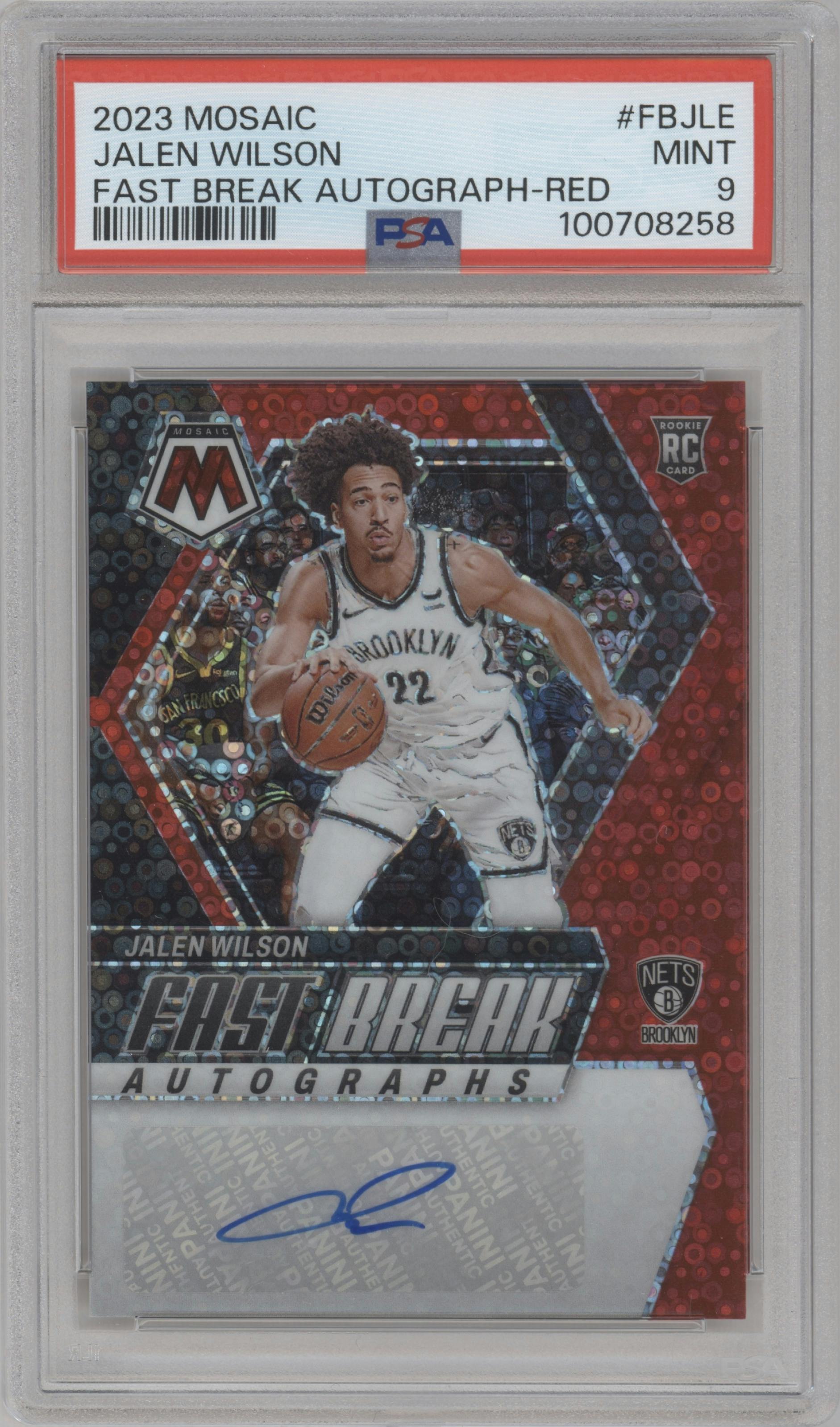 Jalen Wilson from the 2023-24 Panini Mosaic set featuring a Red parallel graded by PSA and given an overall grade of 9.