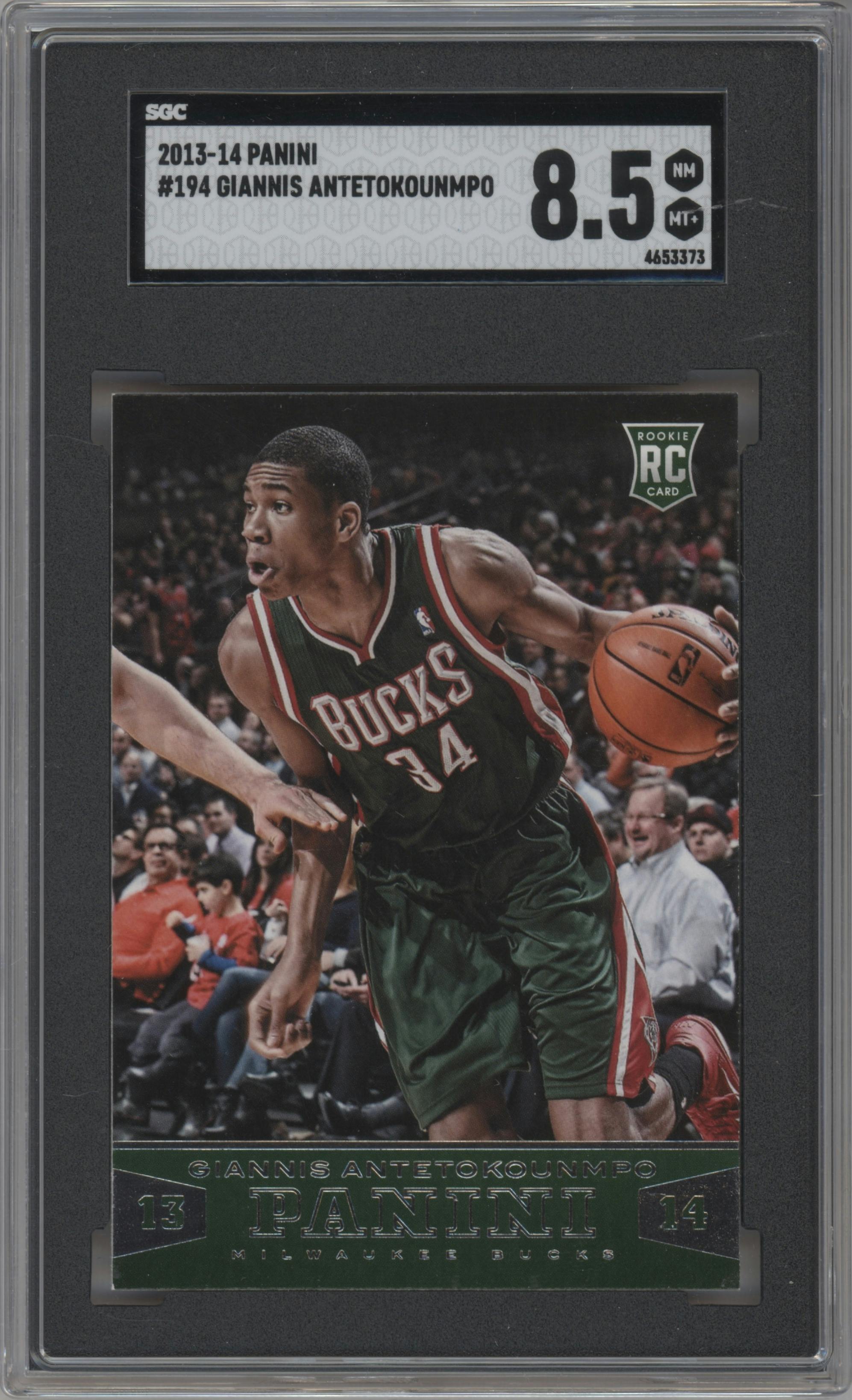 Giannis Antetokounmpo from the 2013-14 Panini set graded by SGC and given an overall grade of 8.5.