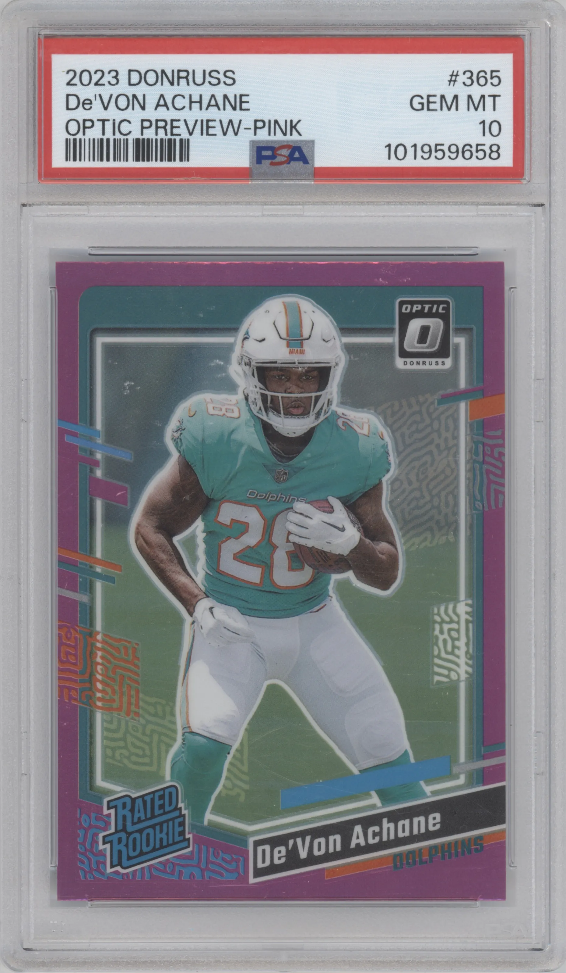 De'Von Achane from the 2023 Panini Donruss set featuring a Pink parallel graded by PSA and given an overall grade of 10.