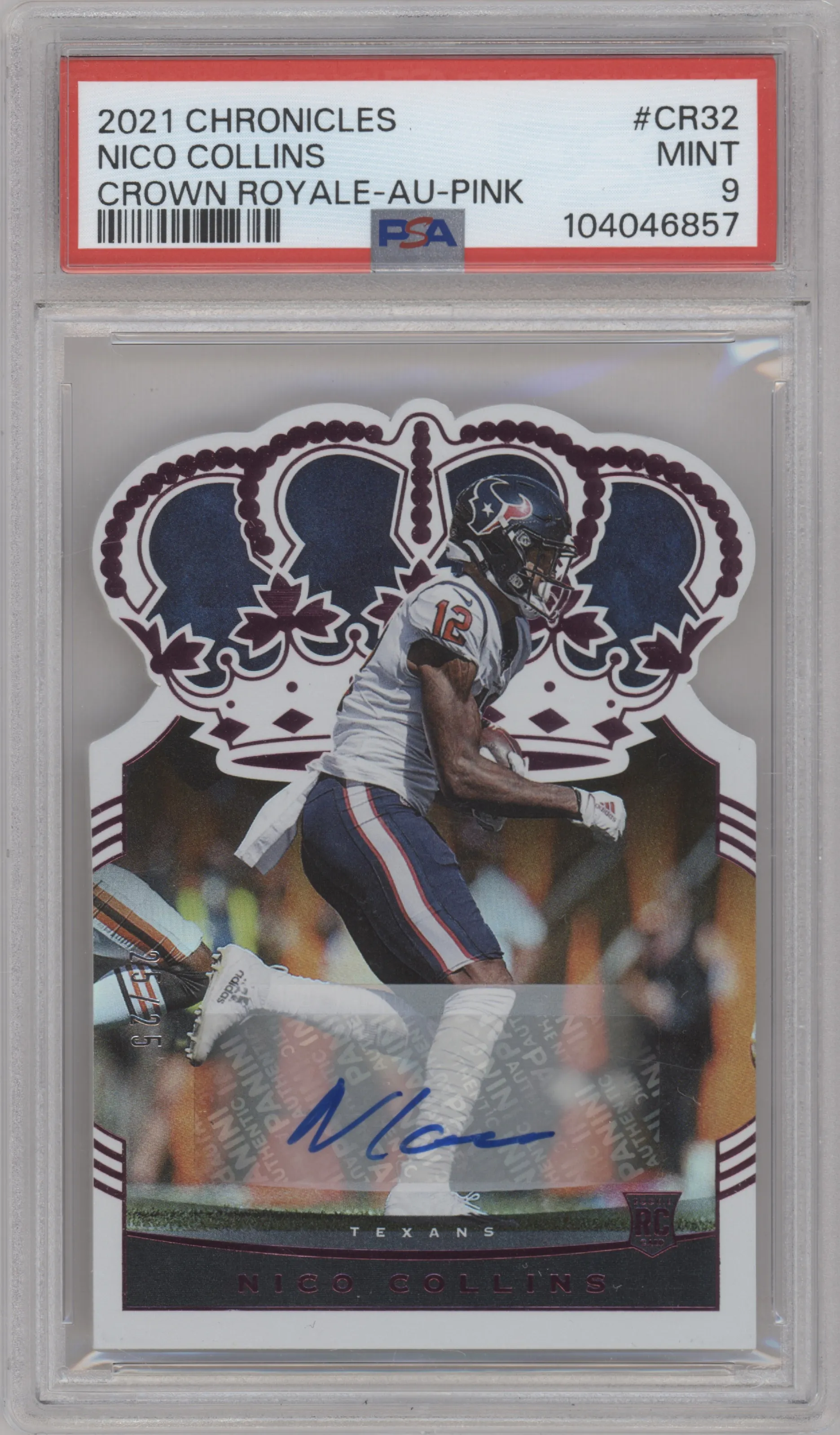 Nico Collins from the 2021 Panini Chronicles set featuring a Pink parallel graded by PSA and given an overall grade of 9.