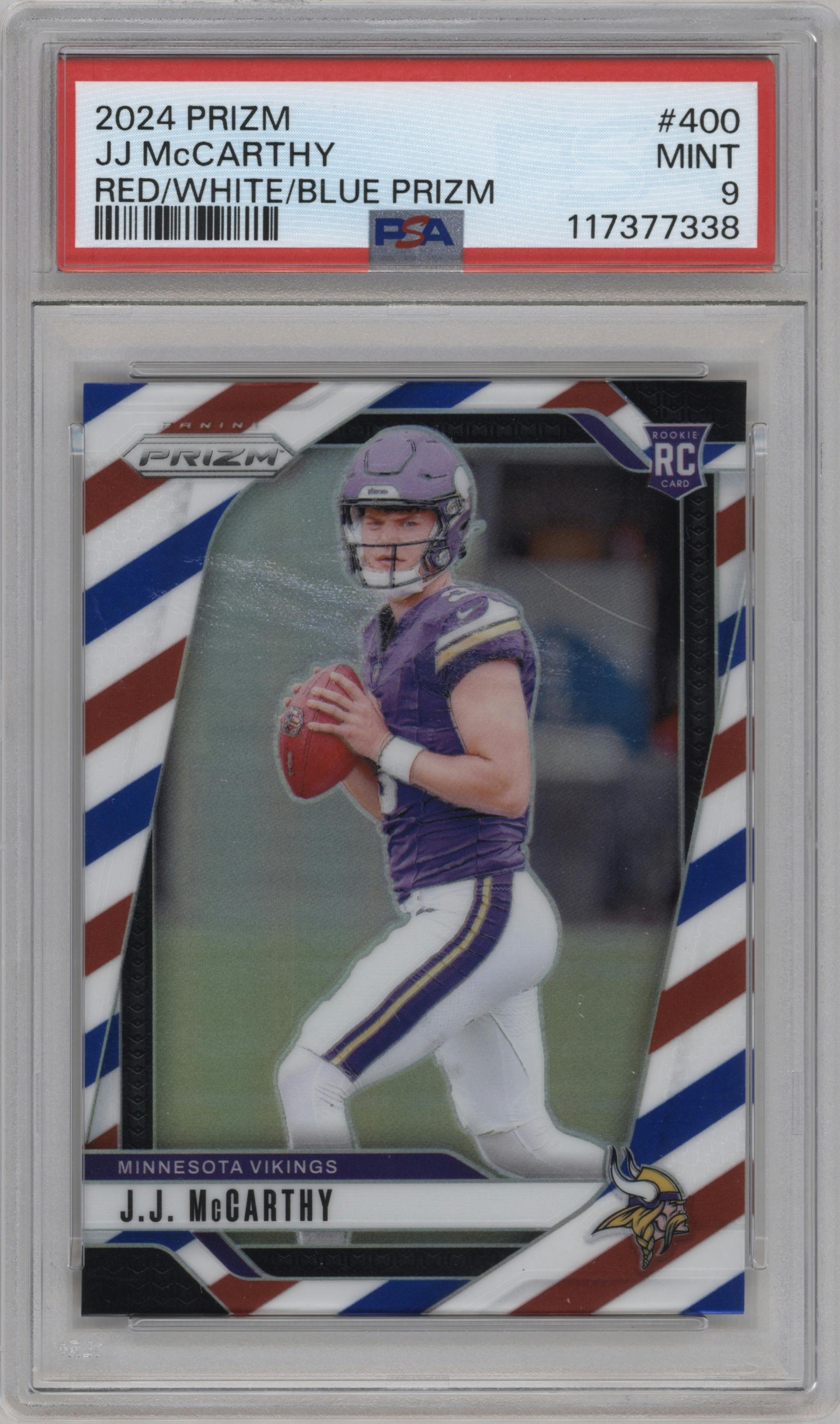 J.J. McCarthy from the 2024 Panini Prizm set featuring a Red White Blue Prizm parallel graded by PSA and given an overall grade of 9.