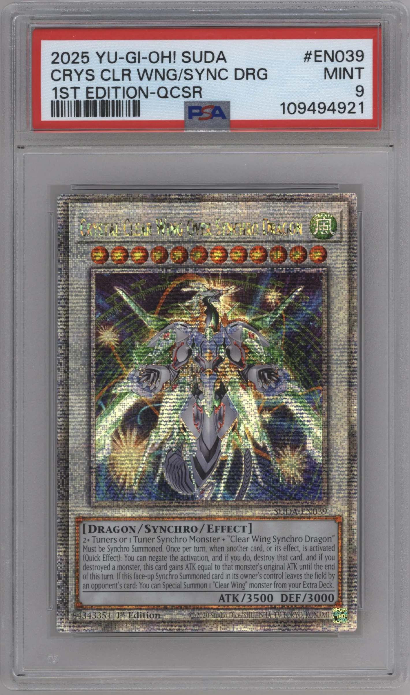 2025 Yu-Gi-Oh! Supreme Darkness Crystal Clear Wing Over Synchro Dragon Quarter Century SCR #SUDA-EN039 PSA 9