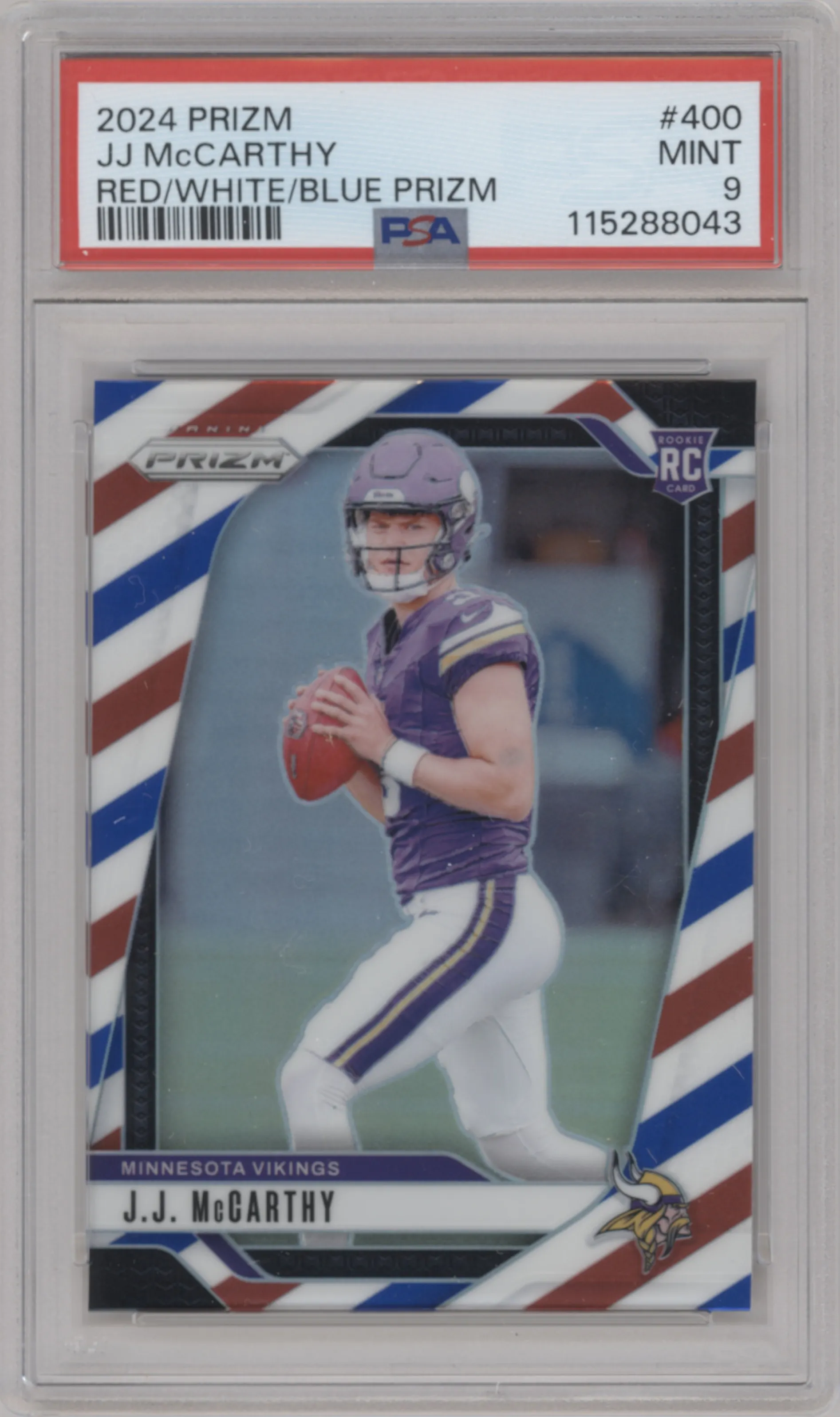 J.J. McCarthy from the 2024 Panini Prizm set featuring a Red White Blue Prizm parallel graded by PSA and given an overall grade of 9.