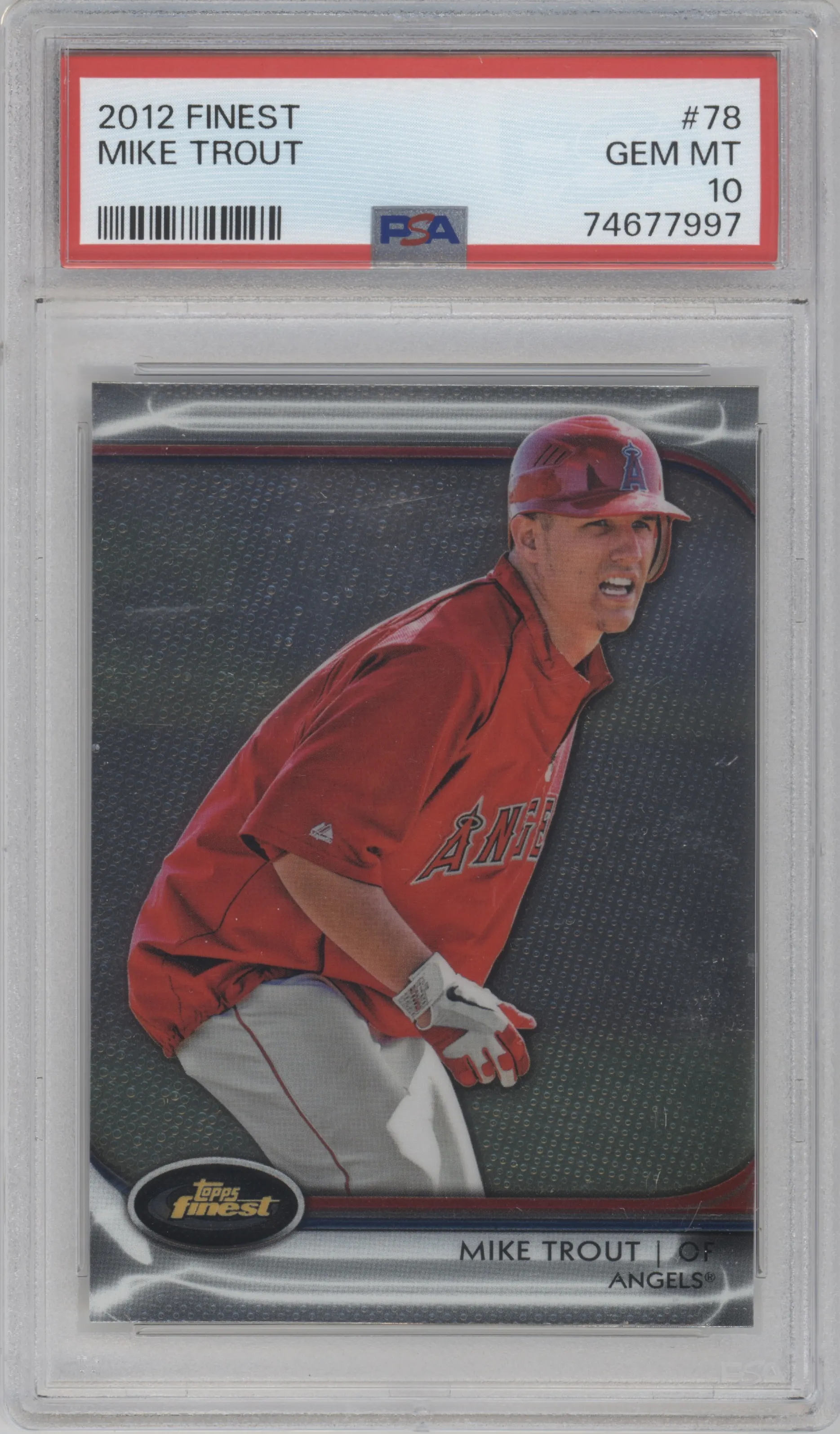 Mike Trout from the 2012 Topps Finest set graded by PSA and given an overall grade of 10.