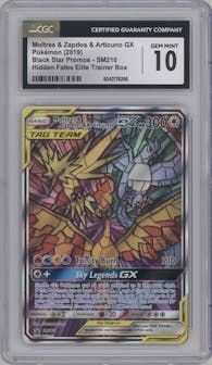 Moltres/Zapdos/Articuno GX from the 2019 Pokemon S&M  set featuring a Hidden Fates Elite Trainer Box parallel graded by CSG and given an overall grade of 10.