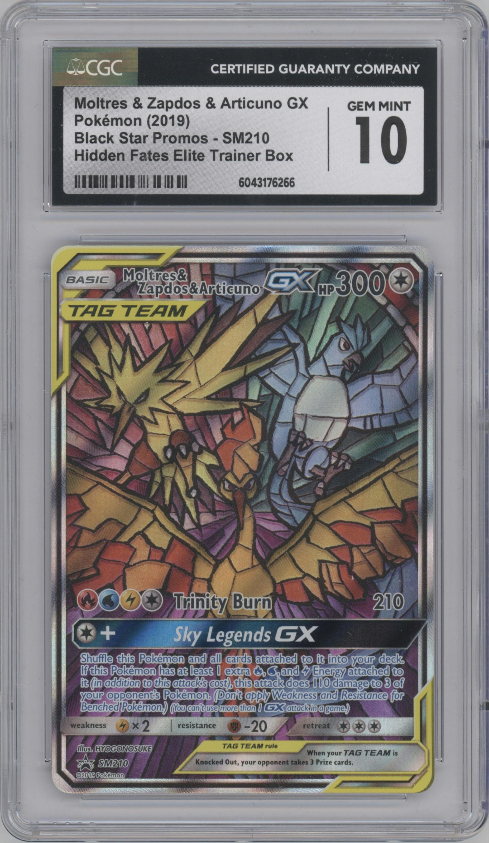 Moltres/Zapdos/Articuno GX from the 2019 Pokemon S&M  set featuring a Hidden Fates Elite Trainer Box parallel graded by CSG and given an overall grade of 10.