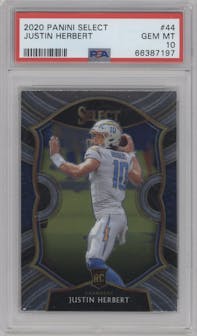 Justin Herbert from the 2020 Panini Select set graded by PSA and given an overall grade of 10.