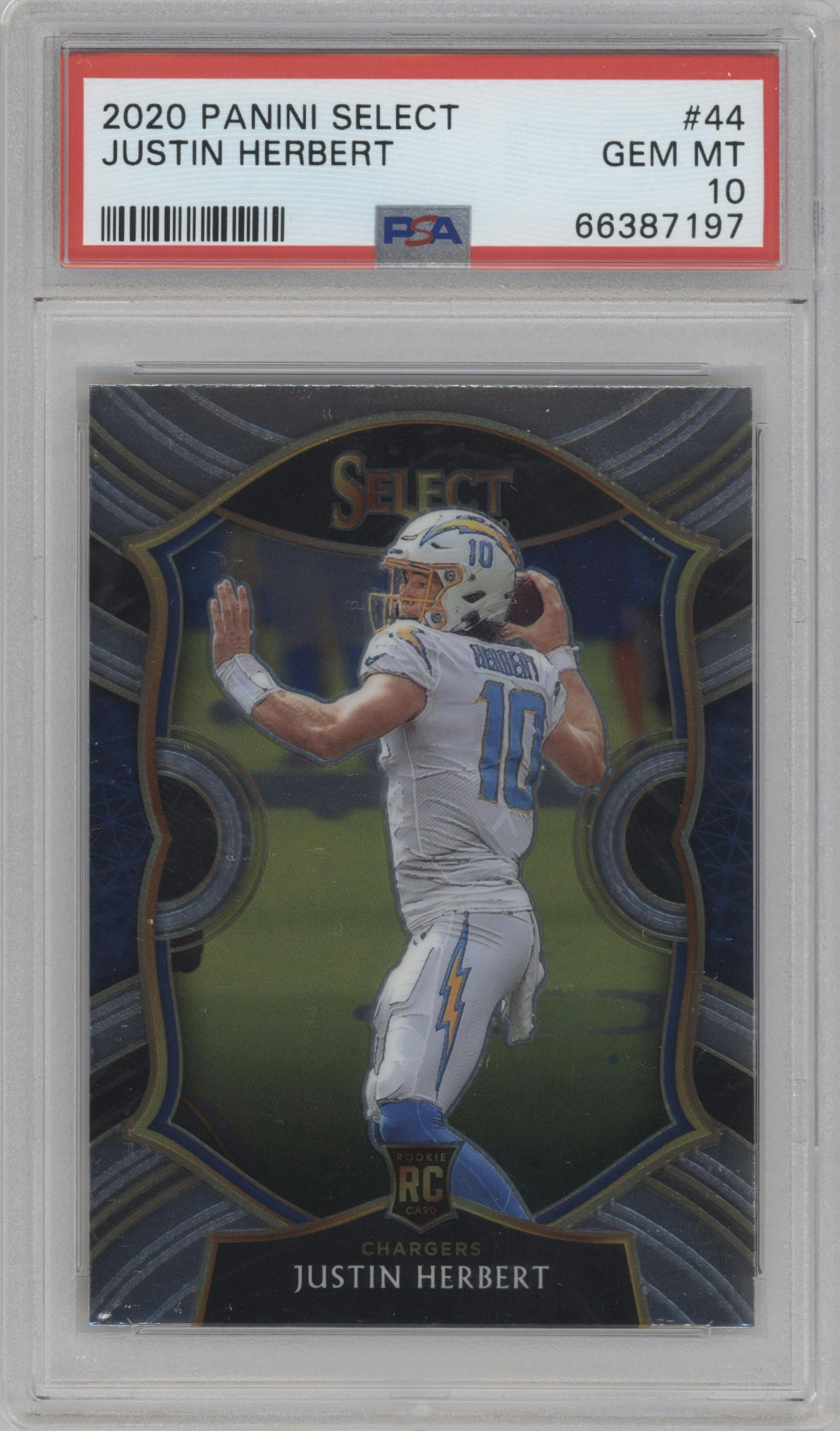 Justin Herbert from the 2020 Panini Select set graded by PSA and given an overall grade of 10.