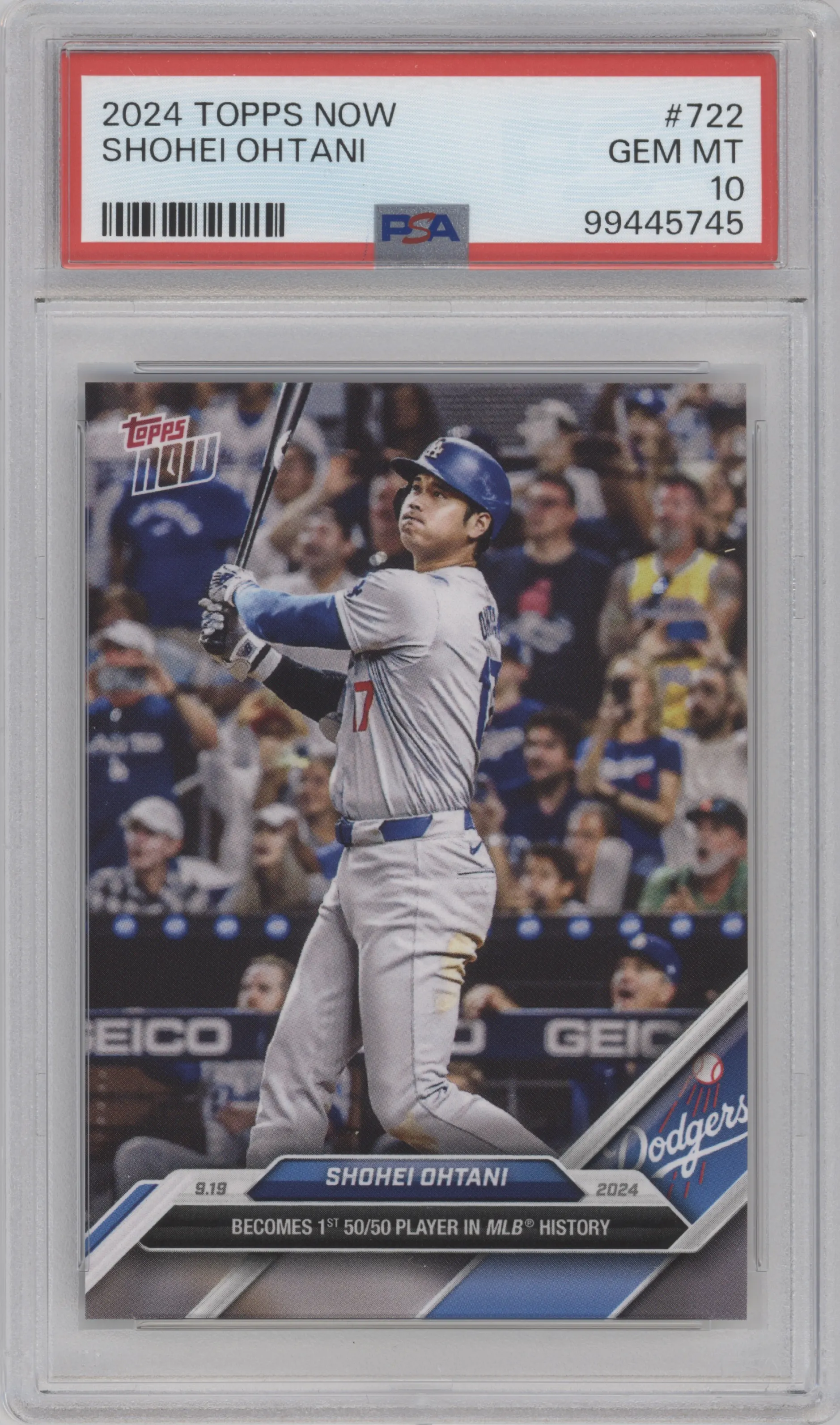 Shohei Ohtani from the 2024 Topps Now set graded by PSA and given an overall grade of 10.
