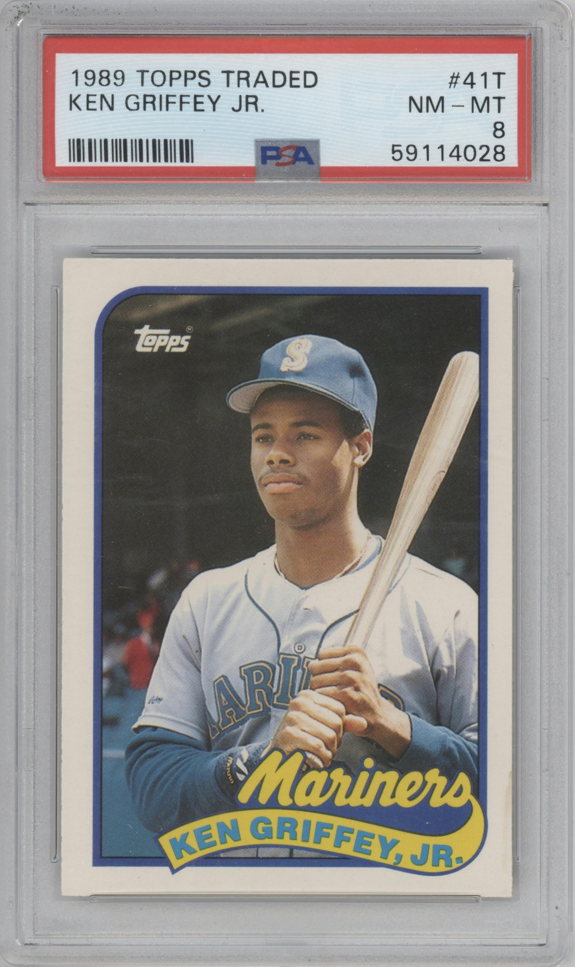 Ken Griffey, Jr. from the 1989 Topps Traded set graded by PSA and given an overall grade of 8.