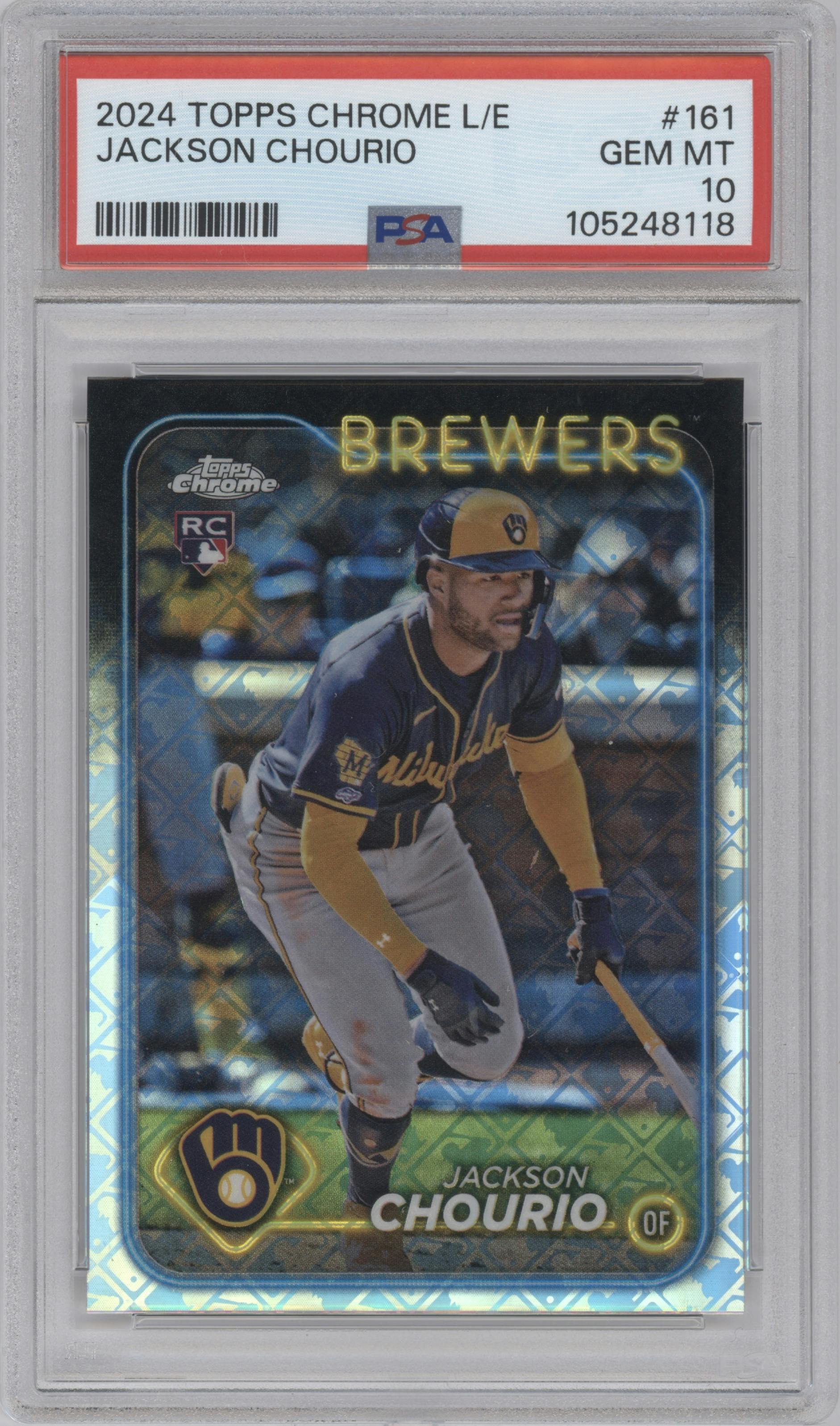 Jackson Chourio from the 2024 Topps Chrome Logofractor set graded by PSA and given an overall grade of 10.