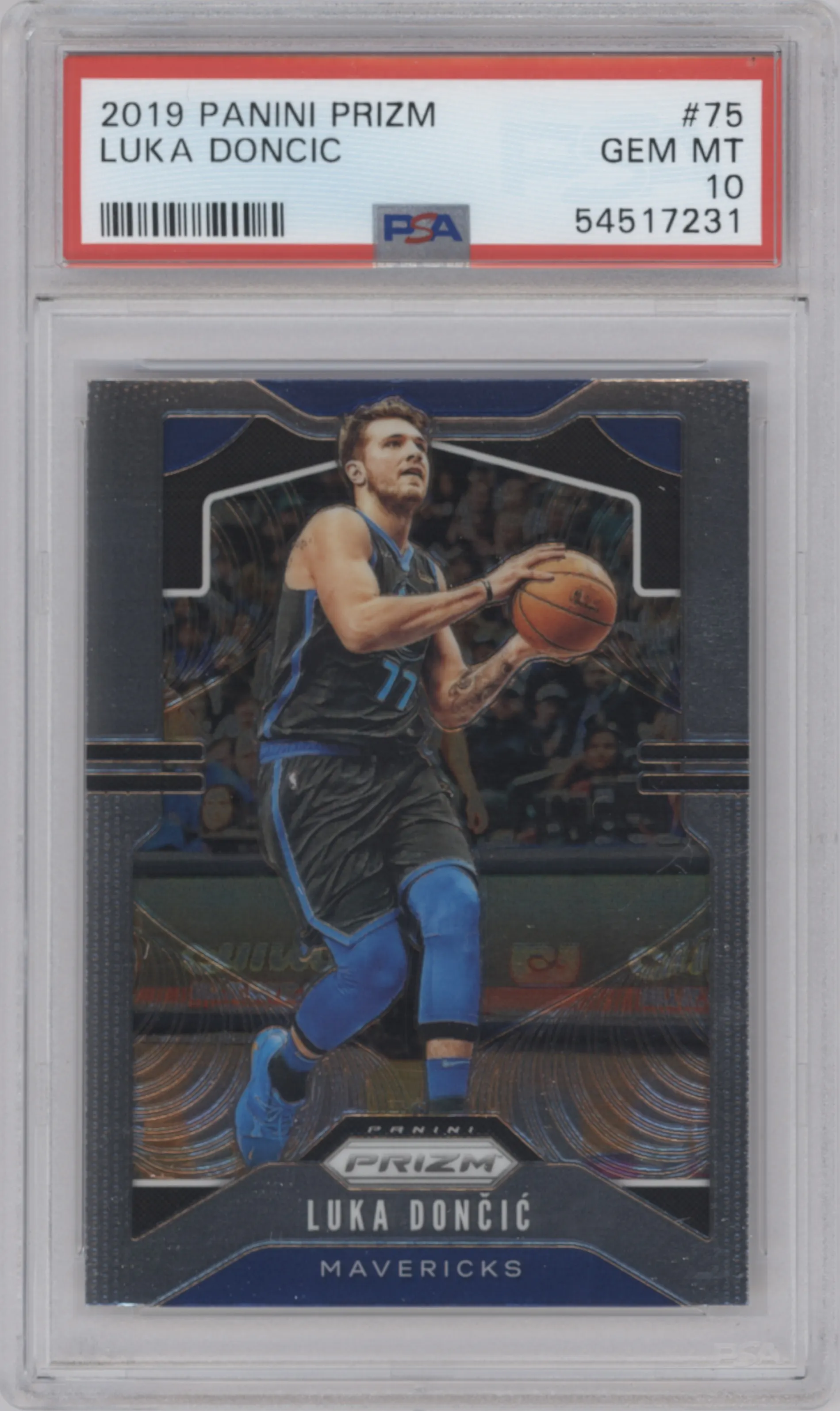 Luka Doncic from the 2019-20 Panini Prizm set graded by PSA and given an overall grade of 10.