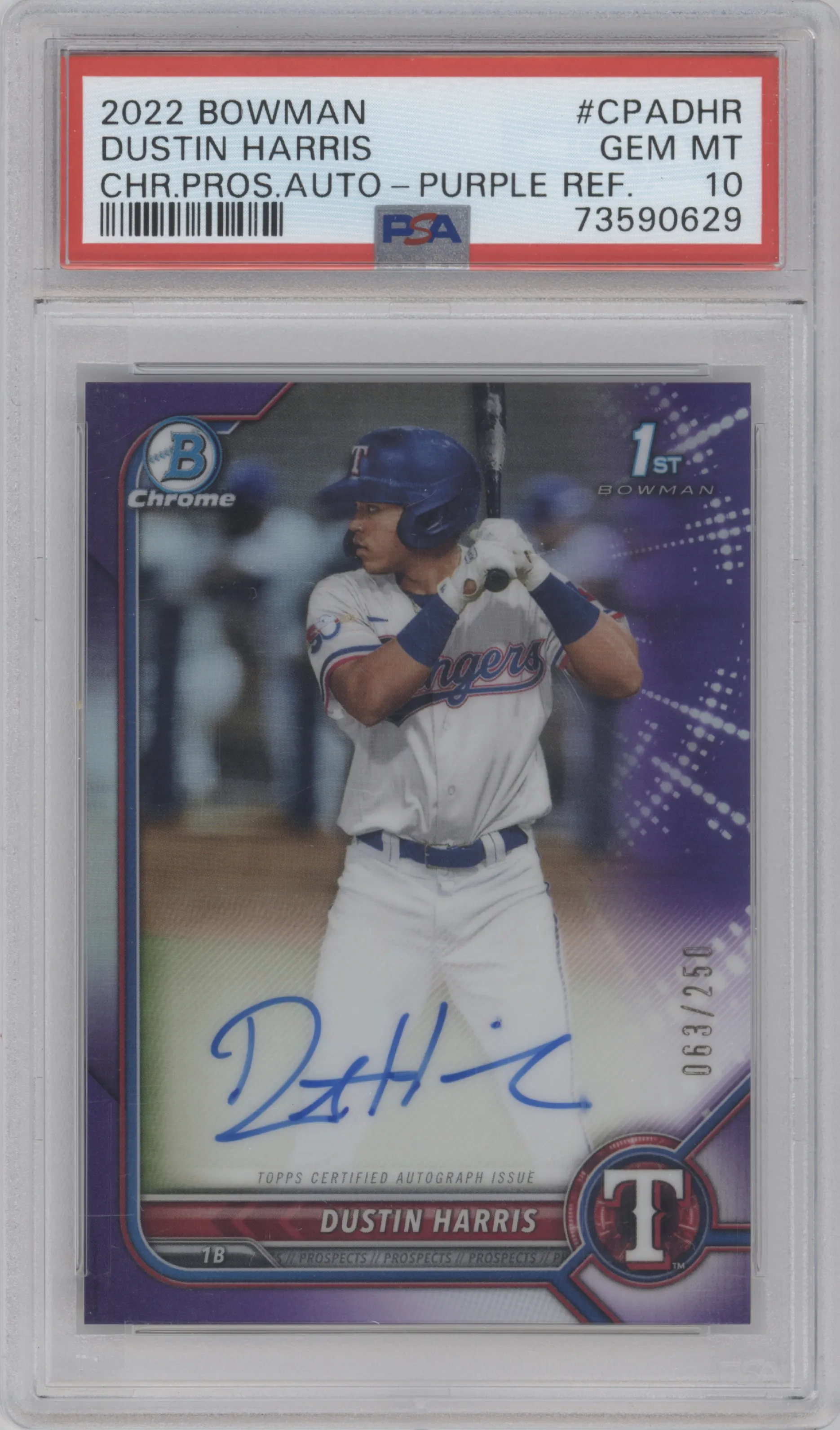 Dustin Harris from the 2022 Bowman set featuring a Purple Refractor parallel graded by PSA and given an overall grade of 10.