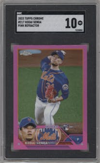 Kodai Senga from the 2023 Topps Chrome set featuring a Pink Refractor parallel graded by SGC and given an overall grade of 10.