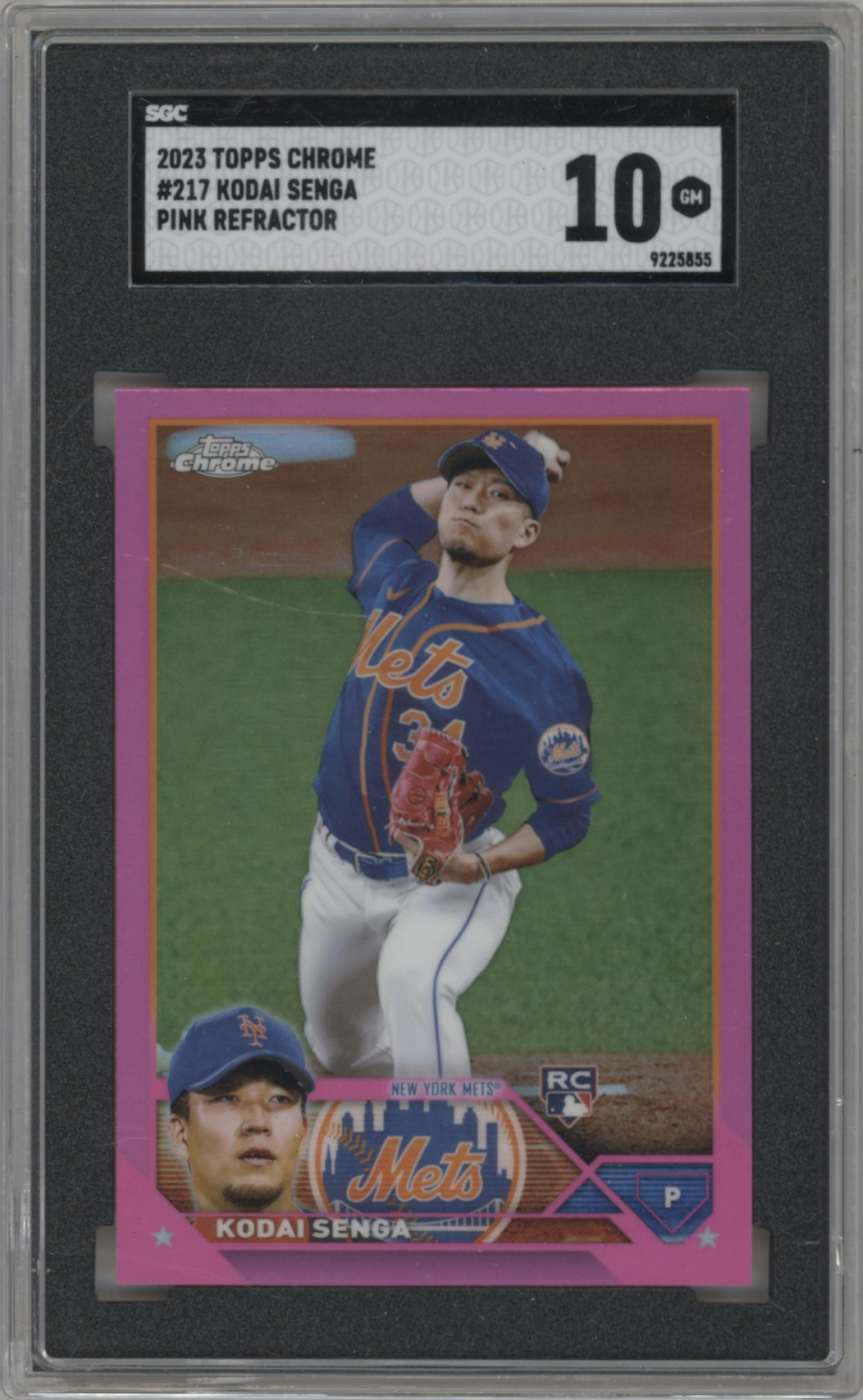 Kodai Senga from the 2023 Topps Chrome set featuring a Pink Refractor parallel graded by SGC and given an overall grade of 10.