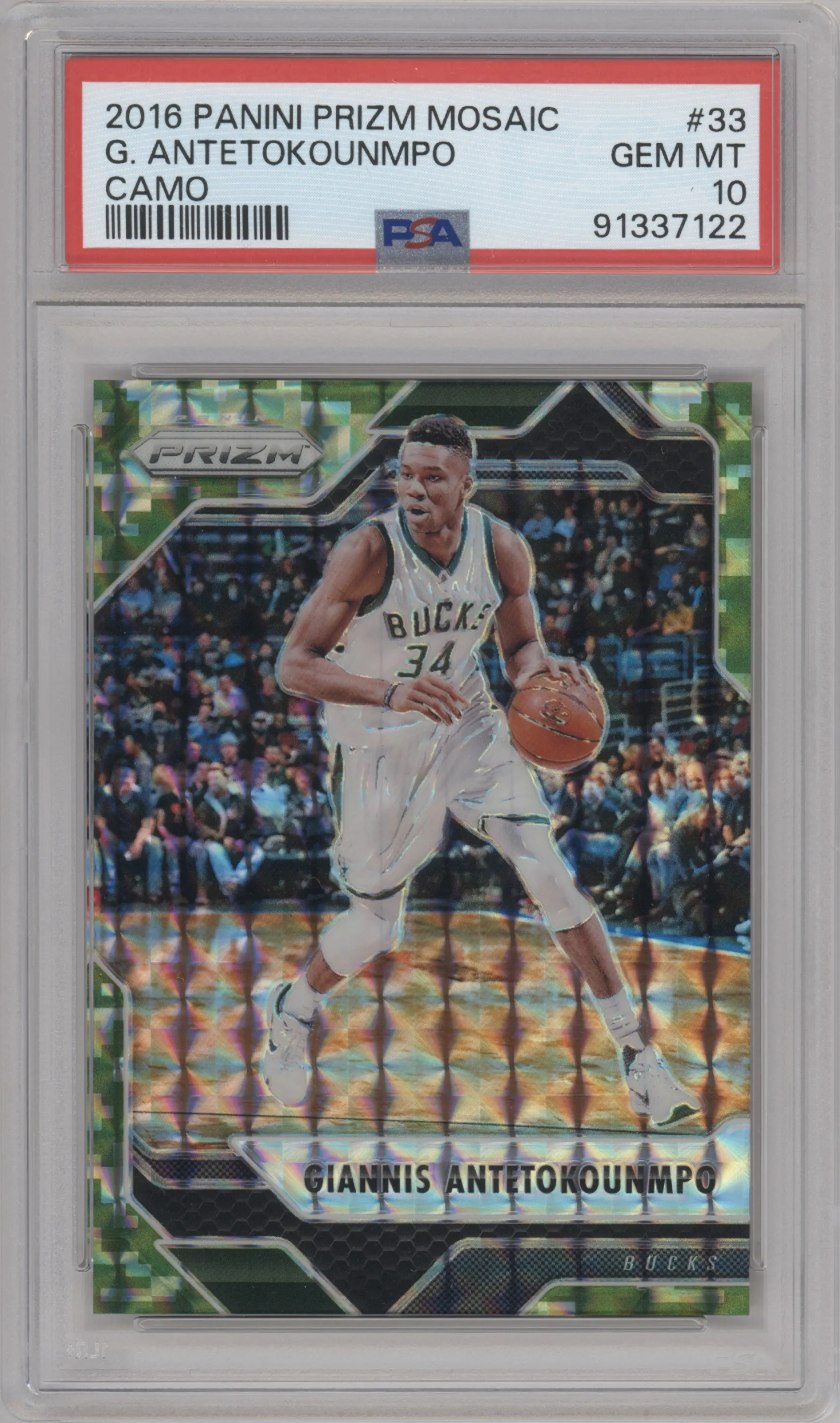 Giannis Antetokounmpo from the 2016-17 Panini Mosaic Prizm set featuring a Camo parallel graded by PSA and given an overall grade of 10.