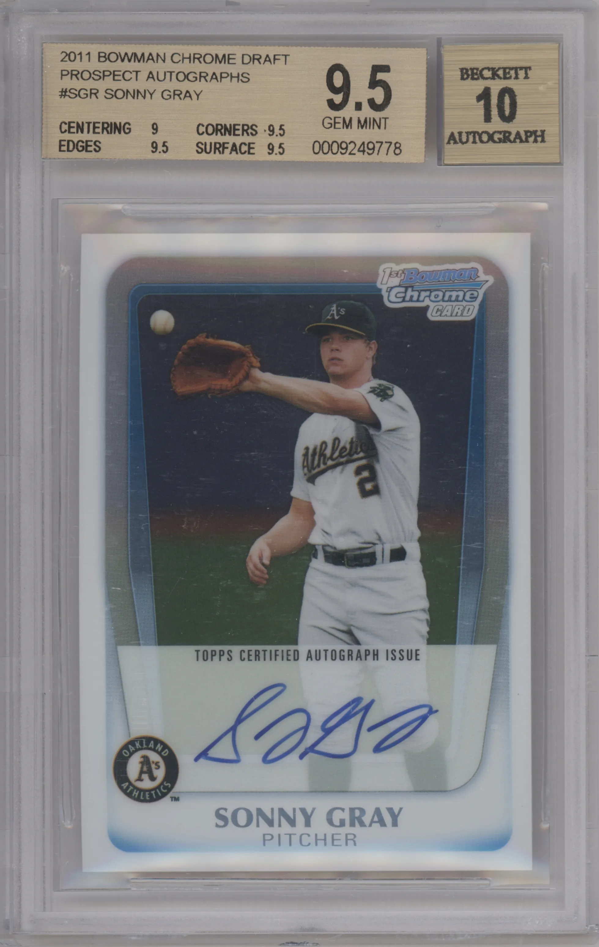 Sonny Gray from the 2011 Bowman Chrome Draft set graded by Beckett and given an overall grade of 9.5.