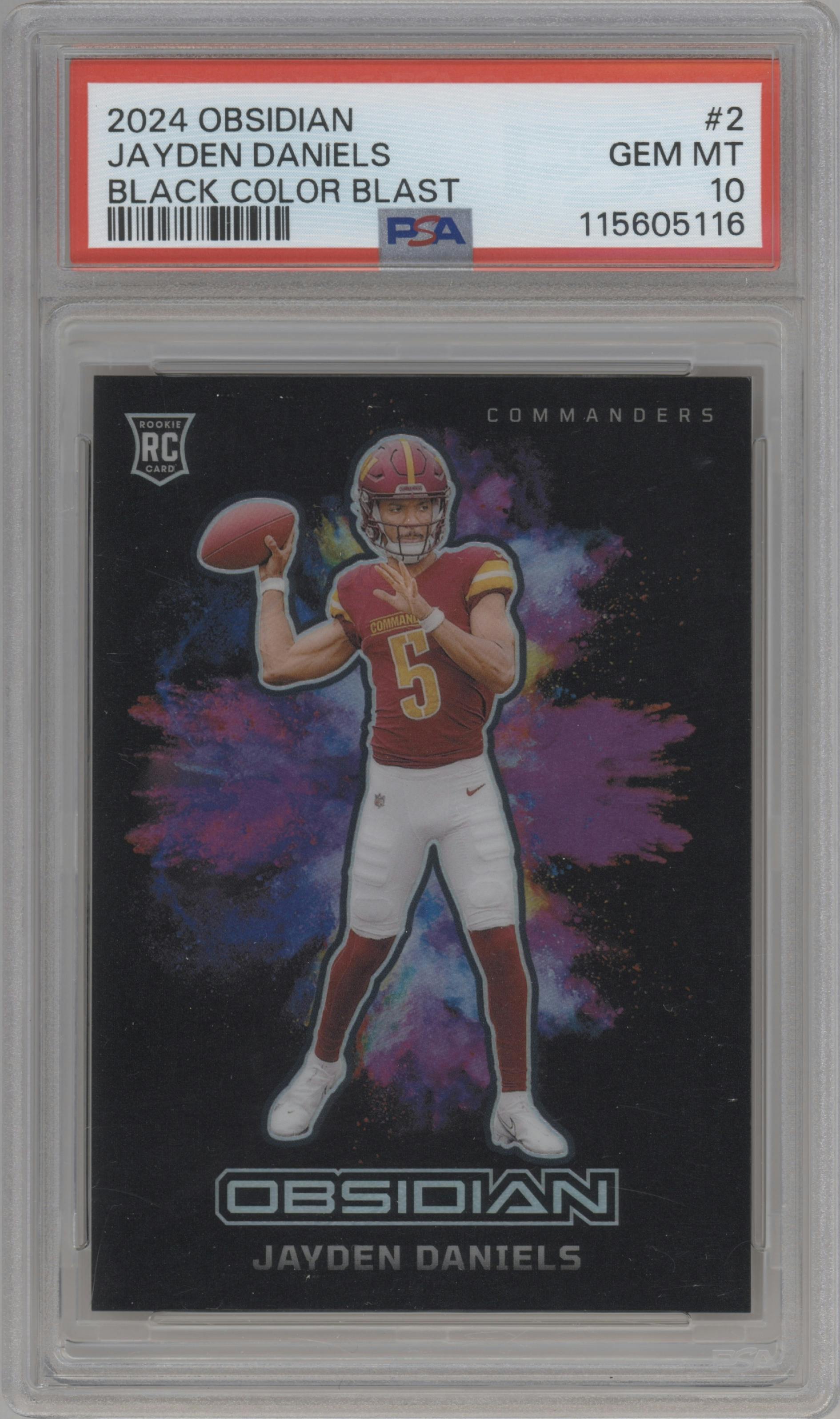 Jayden Daniels from the 2024 Panini Obsidian set graded by PSA and given an overall grade of 10.