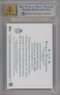 Rickey Henderson from the 2015 Topps Dynasty set featuring a Emerald parallel graded by Beckett and given an overall grade of 9.