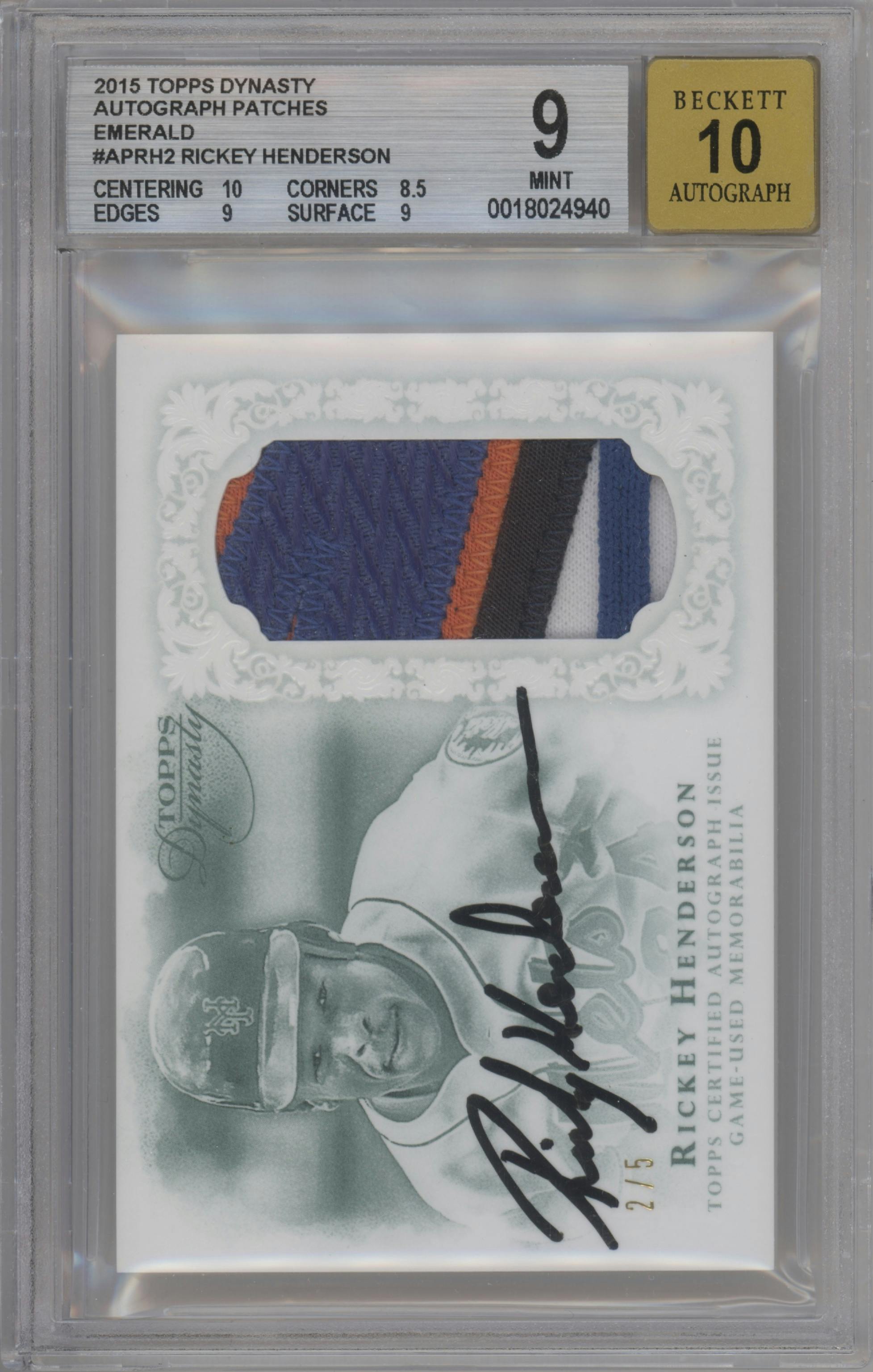 Rickey Henderson from the 2015 Topps Dynasty set featuring a Emerald parallel graded by Beckett and given an overall grade of 9.