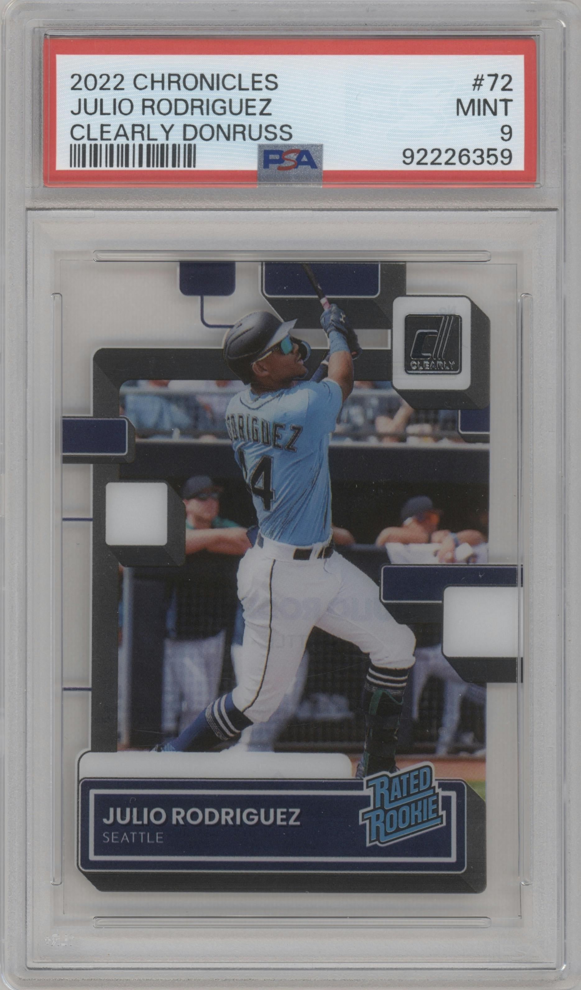 Julio Rodriguez from the 2022 Panini Chronicles set graded by PSA and given an overall grade of 9.