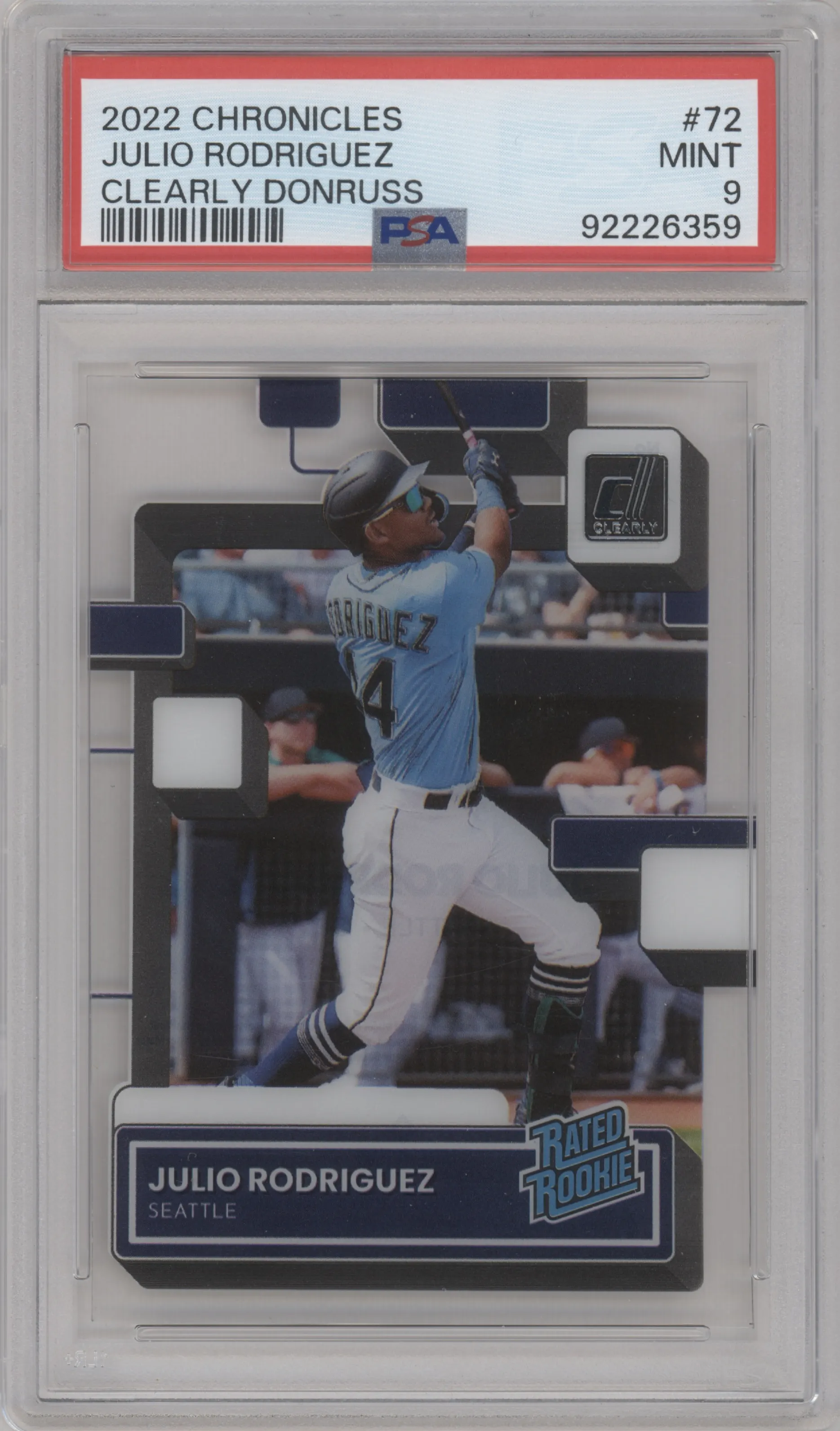 2022 Panini Chronicles Clearly Donruss Rtd.Rke. Julio Rodriguez #72 PSA 9