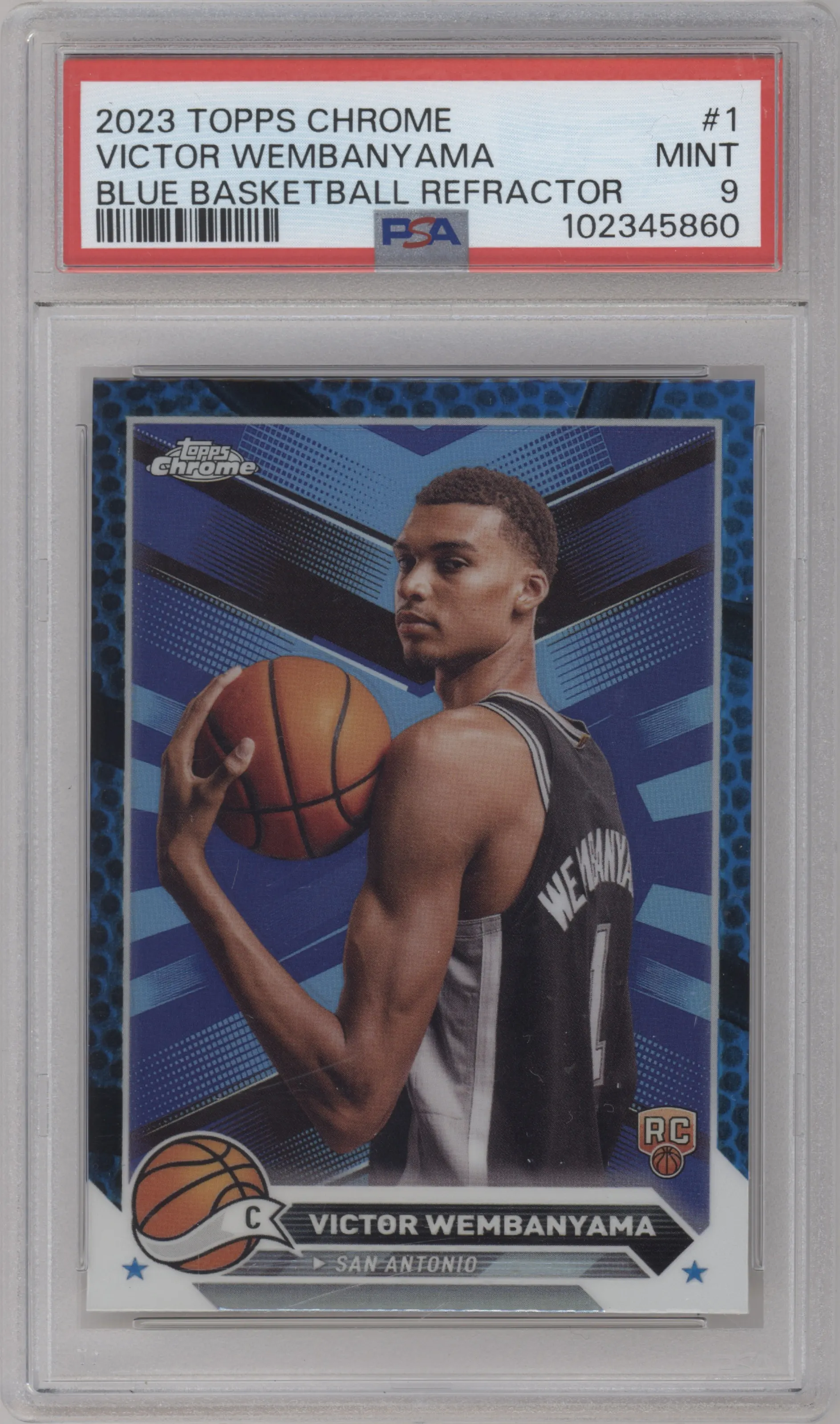 Victor Wembanyama from the 2023-24 Topps Chrome set featuring a Blue Basketball Refractor parallel graded by PSA and given an overall grade of 9.