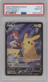 Pikachu V from the 2022 Pokemon SWSH set graded by PSA and given an overall grade of 10.
