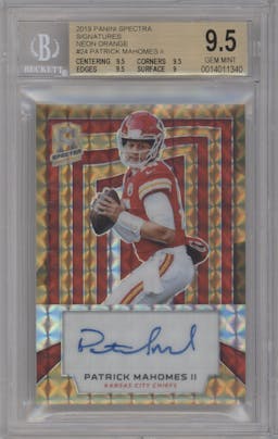 Patrick Mahomes II from the 2019 Panini Spectra set featuring a Neon Orange parallel graded by Beckett and given an overall grade of 9.5.