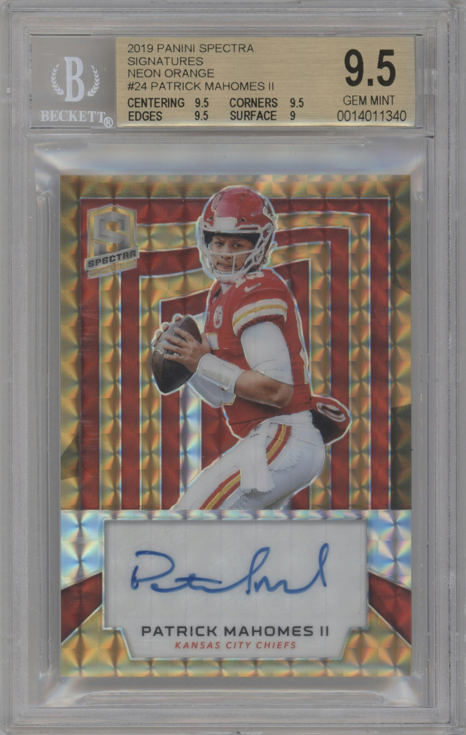 Patrick Mahomes II from the 2019 Panini Spectra set featuring a Neon Orange parallel graded by Beckett and given an overall grade of 9.5.