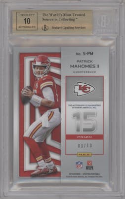 Patrick Mahomes II from the 2019 Panini Spectra set featuring a Neon Orange parallel graded by Beckett and given an overall grade of 9.5.