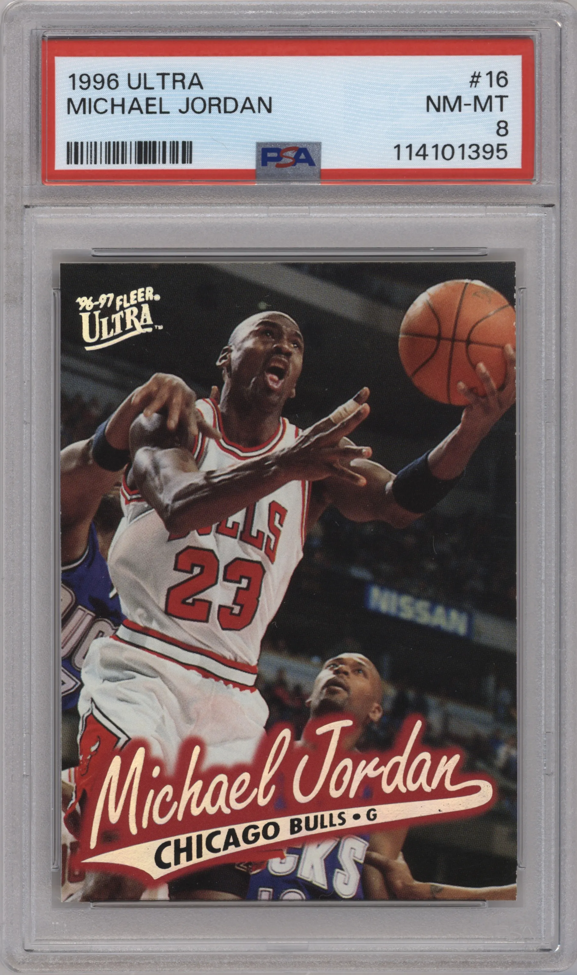 Michael Jordan from the 1996-97 Fleer Ultra set graded by PSA and given an overall grade of 8.